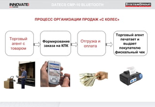 Торговый агент с товаром Формирование заказа на КПК Отгрузка и оплата Торговый агент печатает и выдает покупателю фискальный чек DATECS CMP-10 BLUETOOTH ПРОЦЕСС ОРГАНИЗАЦИИ ПРОДАЖ «С КОЛЕС» 