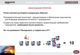 Ранее система выглядела следующим образом: Распределительной логистикой - маршрутизация и обеспечение транспортом для  4  заводов занималось  4  логиста + руководитель.  И даже эта схема перестала соответствовать возрастающим требованиям предприятия,  необходимо было развитие…  Но что развивать? Вкладывать в людей или в IT?   БИЗНЕС-КЕЙС ГК «ХЛЕБОДАР» ИЗНАЧАЛЬНАЯ СТРУКТУРА +   ? = 10 