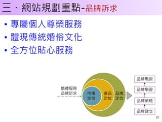 三、網站規劃重點-品牌訴求
• 專屬個人尊榮服務
• 體現傳統婚俗文化
• 全方位貼心服務


                           品牌戰術

       婚禮服務                品牌學習
       品牌訴求   市場   產品 品牌
              定位   定位 定位
                           品牌策略

                           品牌建立
                                  10
 