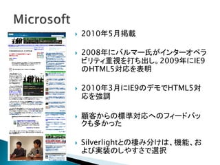   2010年5月掲載

   2008年にバルマー氏がインターオペラ
    ビリティ重視を打ち出し。2009年にIE9
    のHTML5対応を表明

   2010年3月にIE9のデモでHTML5対
    応を強調

   顧客からの標準対応へのフィードバッ
    クも多かった

   Silverlightとの棲み分けは、機能、お
    よび実装のしやすさで選択
 
