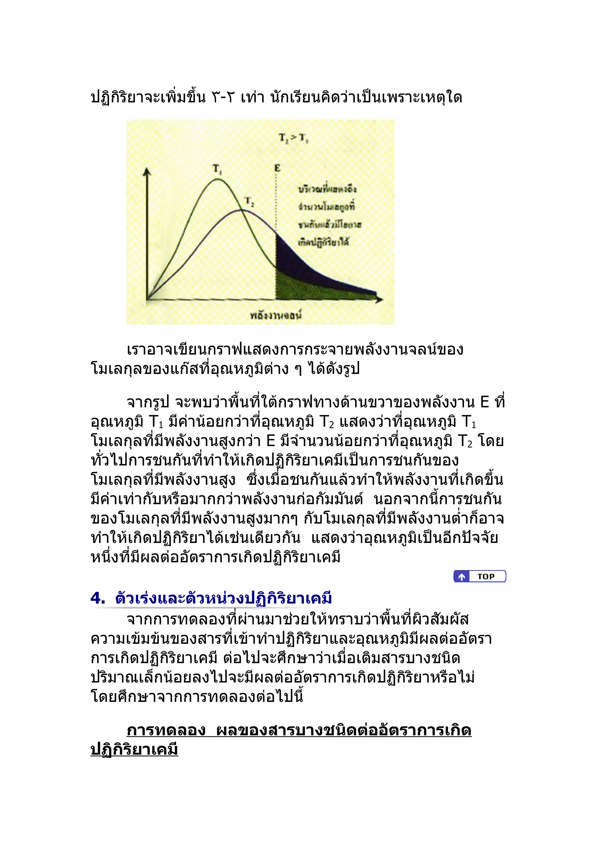 ปฏิกิริยาจะเพิ่มขึ้น ٣-٢ เท่า นักเรียนคิดว่าเป็นเพราะเหตุใด




    เราอาจเขียนกราฟแสดงการกระจายพลังงานจลน์ของ
โมเลกุลของแก๊สที่อุณหภูมิต่าง ๆ ได้ดังรูป

      จากรูป จะพบว่าพื้นที่ใต้กราฟทางด้านขวาของพลังงาน E ที่
อุณหภูมิ T1 มีค่าน้อยกว่าที่อุณหภูมิ T2 แสดงว่าที่อุณหภูมิ T1
โมเลกุลที่มีพลังงานสูงกว่า E มีจำานวนน้อยกว่าที่อุณหภูมิ T2 โดย
ทัวไปการชนกันที่ทำาให้เกิดปฏิกิริยาเคมีเป็นการชนกันของ
  ่
โมเลกุลที่มีพลังงานสูง ซึ่งเมื่อชนกันแล้วทำาให้พลังงานที่เกิดขึ้น
มีค่าเท่ากับหรือมากกว่าพลังงานก่อกัมมันต์ นอกจากนี้การชนกัน
ของโมเลกุลที่มีพลังงานสูงมากๆ กับโมเลกุลที่มีพลังงานตำ่าก็อาจ
ทำาให้เกิดปฏิกิริยาได้เช่นเดียวกัน แสดงว่าอุณหภูมิเป็นอีกปัจจัย
หนึ่งทีมีผลต่ออัตราการเกิดปฏิกิริยาเคมี
       ่

4. ตัวเร่งและตัวหน่วงปฏิกิริยาเคมี
     จากการทดลองที่ผานมาช่วยให้ทราบว่าพื้นที่ผิวสัมผัส
                         ่
ความเข้มข้นของสารที่เข้าทำาปฏิกิริยาและอุณหภูมิมีผลต่ออัตรา
การเกิดปฏิกิริยาเคมี ต่อไปจะศึกษาว่าเมื่อเติมสารบางชนิด
ปริมาณเล็กน้อยลงไปจะมีผลต่ออัตราการเกิดปฏิกิริยาหรือไม่
โดยศึกษาจากการทดลองต่อไปนี้

     การทดลอง ผลของสารบางชนิดต่ออัตราการเกิด
ปฏิกิริยาเคมี
 