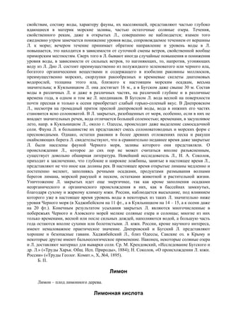 свойствам, составу воды, характеру фауны, их населяющей, представляют частью глубоко
вдающиеся в материк морские заливы, частью остаточные соляные озера. Течения,
свойственного рекам, даже в открытых Л., совершенно не наблюдается; взамен того
ежедневно утром замечается понижение уровня воды, сопровождаемое течением от вершины
Л. к морю; вечером течение принимает обратное направление и уровень воды в Л.
повышается, это находится в зависимости от суточной смены ветров, свойственной вообще
приморским местностям. Сверх того в Л. бывают иногда случайные повышения и понижения
уровня воды, в зависимости от сильных ветров, то нагоняющих, то, напротив, угоняющих
воду из Л. Дно Л. состоит преимущественно из полужидкого зеленоватого или черного ила,
богатого органическими веществами и содержащего в изобилии раковины моллюсков,
преимущественно морских, скорлупки ракообразных и кремневые скелеты диатомовых
водорослей, толщина этого ила, близкого к настоящим морским осадкам, весьма
значительна; в Куяльницком Л. она достигает 16 м., а в Бугском даже свыше 30 м. Состав
воды в различных Л. и даже в различных частях, на различной глубине и в различные
времена года, в одном и том же Л. неодинаков. В Бугском Л. вода весной на поверхности
почти пресная и только к осени приобретает слабый горько-соленый вкус. В Днепровском
Л., несмотря на громадный приток пресной днепровской воды, вода в нижних его частях
становится ясно солоноватой. В Л. закрытых, разобщенных от моря, особенно, если в них не
впадает значительных речек, вода отличается большей соленостью; временами, в засушливое
лето, напр. в Куяльницком Л., около г. Одессы, происходит даже выделение самосадочной
соли. Фауна Л. в большинстве их представляет смесь солоноватоводных и морских форм с
пресноводными. Однако, остатки раковин в более древних отложениях песка и ракуши
окаймляющих берега Л. свидетельствуют, что в сравнительно недавнее время даже закрытые
Л. были населены фауной Черного моря, заливы которого они представляли. О
происхождении Л., которое до сих пор не может считаться вполне разъясненным,
существует довольно обширная литература. Новейший исследователь Л., Н. А. Соколов,
приходит к заключению, что глубокие и широкие ложбины, занятые в настоящее время Л.,
представляют не что иное как долины рек. В настоящее время открытые лиманы медленно и
постепенно мелеют, заполняясь речными осадками, продуктами размывания волнами
берегов лимана, морской ракушей и песком, остатками животной и растительной жизни.
Уничтожение Л. закрытых идет еще энергичнее, так как кроме заполнения осадками
неорганического и органического происхождения в них, как в бассейнах замкнутых,
благодаря сухому и жаркому климату южн. России, наблюдается высыхание, под влиянием
которого уже в настоящее время уровень воды в некоторых из таких Л. значительно ниже
уровня Черного моря (в Хаджибейском на 11 фт., а в Куяльницком на 14 – 15, а к осени даже
на 20 фт.). Конечным результатом усыхания закрытых Л. являются многочисленные в
побережьях Черного и Азовского морей мелкие соляные озера и солонцы; многие из них
только временами, весной или после сильных дождей, наполняются водой, а большую часть
года остаются вполне сухими или болотистыми. Л. южн. России, кроме научного интереса,
имеют немаловажное практическое значение. Днепровский и Бугский Л. представляют
хорошие и безопасные гавани. Хаджибейский Л., близ Одессы, Сакские оз. в Крыму и
некоторые другие имеют бальнеологическое применение. Наконец, некоторые соляные озера
и Л. доставляют материал для выварки соли. Ср. М. Крендовский, «Исследование Бугского и
др. Л.» («Труды Харьк. Общ. Исп. Природы», 1884); Н. Соколов, «О происхождении Л. южн.
России» («Труды Геолог. Комит.», X, №4, 1895).
      Б. П.

                                        Лимон
     Лимон – плод лимонного дерева.

                                Лимонная кислота
 