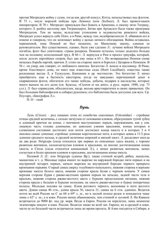 против Митридата войну с суши, тогда как другой консул, Котта, начальствовал над флотом.
В 73 г., после морской победы при Лемносе (или Лесбосе), Л. был провозглашен
императором. В 70 г. Митридат принужден был бежать в Армению, к своему зятю Тиграну,
которого Л. разбил наголову при Тиграноцерте. Битва при Артаксате была также проиграна
Митридатом. Тем не менее, вследствие утомления и недовольства римского войска,
Митридат успел вернуть себе Понт, а в Риме, между тем, недоброжелатели Л. обвиняли его в
измене и говорили, что он затягивает войну с целью личного обогащения. Война оставалась
нерешенной, пока Помпей не был назначен, по Манилиеву закону, единым ее
руководителем. Все существенное, однако, было уже сделано Л.: лучшие войска Митридата
погибли, флот был уничтожен, страна разорена. Помпею осталось только доделать больше
чем на половину исполненный труд. В 66 г. Л. вернулся в Рим и просил триумфа, который,
после долгих партийных споров, был дан ему лишь в 63 г. По возвращении Помпея снова
началась борьба партий, причем Л. стоял на стороне знати и боролся с Цезарем и Помпеем. В
56 г. он умер, как говорят, от любовного напитка. Богатство Л. вошло в пословицу. В Риме,
кроме блестящего дома, он имел еще известные сады (Horti Luсulliani); известны также
роскошные виллы Л, в Тускулуме, Кампании и др. местностях. Это богатство Л. начал
приобретать еще в бытность квестором, когда он заведывал перечеканкой денег и
снаряжением флота; обогатили его также победы, добыча, подарки и наследства, которых
много выпало на его долю (см. Буассье, «Ciceron et ses amis», в русс. перев. 1880, стр. 73
слл.). Л. был справедлив, обходителен, щедр, весьма аристократичен в своих привычках. Он
был большим библиофилом и собирал рукописи; его библиотека была доступна для всех. Ср.
Плутарх, «Биография Л.».
      Н. О – ский

                                         Лунь
     Лунь (Circus) – род хищных птиц из семейства соколиных (Falconidae) – стройные
птицы средней величины, с сильно загнутым от основания клювом, образующим тупой зубец
и длинный крючок на конце, с венчиком выступающих перьев, окружающим, как у сов,
лицевую часть головы длинными, но довольно узкими крыльями, концы которых в
сложенном состоянии достигают или почти достигают конца хвоста и в которых 3 и 4
маховое самые длинные; стройные длинные короткопалые ноги, в которых цевка в 11/2 раза
длиннее среднего пальца, и средней величины широкий и мягкий хвост. Л. разделяют иногда
на два рода: Strigiceps (сюда относятся три первые из описанных здесь видов), с хорошо
развитым венчиком, сильнозагнутым клювом и крыльями, не вполне достигающими конца
хвоста, и Circus (сюда относится камышовый Л.), с менее развитым венчиком, менее
согнутым и более крепким клювом и крыльями, достигающими конца хвоста.
     Полевой Л. (С. или Strigiceps cyaneus Вр.), также степной ястреб, рябец, мышелов,
мышатник и т. д. Маховые перья имеют по вырезке на наружной бородке пяти первых и на
внутренней четырех первых, начало вырезки на внутренней бородке первого прикрыта
кроющими перьями. Старый самец сверху голубовато-пепельного, нижняя сторона и верхние
кроющие хвоста белого цвета, нижняя сторона крыла белая с черным концом. У самки
верхняя сторона бурая с ржаво-желтыми краями перьев на затылке, задней части тела и
крыльях, нижняя сторона ржаво-желтого цвета с бурыми продольными пятнами, нижняя
сторона крыла с белыми и бурыми полосами, на хвосте ржаво-желтые и бурые поперечные
полосы. Молодые похожи на самку. Клюв рогового черного, восковица и ноги желтого
цвета. Длина самца 46 стм., длина крыла 36, хвоста 21; самка на 6 стм. ддиннее. Водится
почти во всей России на С до 68 и 69° с. ш., но в лесной полосе редок и попадается чаще
лишь с 62° с. ш.; а в южн. России менее обыкновенен, чем степной и луговой Л. На Кавказе
встречается до 9000 фт. над ур. моря. Везде в Европ. России он перелетен, лишь немногие
экземпляры зимуют в южн. России. Водится также во всей зап. Европе, но в средней и южн.
части ее по большей части встречается лишь во время пролета. В Азии гнездится в Сибири, в
 