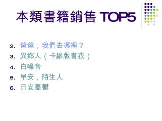 本類書籍銷售 TOP5 爸爸，我們去哪裡？   異鄉人（卡繆版書衣）  白噪音  早安，陌生人  日安憂鬱  