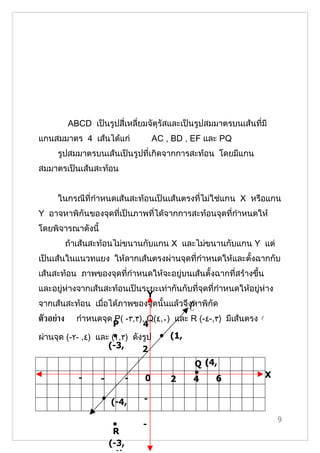 ABCD เป็นรูปสี่เหลี่ยมจัตุรัสและเป็นรูปสมมาตรบนเส้นที่มี
แกนสมมาตร 4 เส้นได้แก่             AC , BD , EF และ PQ
     รูปสมมาตรบนเส้นเป็นรูปที่เกิดจากการสะท้อน โดยมีแกน
สมมาตรเป็นเส้นสะท้อน


     ในกรณีที่กำาหนดเส้นสะท้อนเป็นเส้นตรงที่ไม่ใช่แกน X หรือแกน
Y อาจหาพิกันของจุดที่เป็นภาพที่ได้จากการสะท้อนจุดที่กำาหนดให้
โดยพิจารณาดังนี้
           ถ้าเส้นสะท้อนไม่ขนานกับแกน X และไม่ขนานกับแกน Y แต่
เป็นเส้นในแนวทแยง ให้ลากเส้นตรงผ่านจุดที่กำาหนดให้และตั้งฉากกับ
เส้นสะท้อน ภาพของจุดที่กำาหนดให้จะอยู่บนเส้นตั้งฉากที่สร้างขึ้น
และอยู่ห่างจากเส้นสะท้อนเป็นระยะเท่ากันกับที่จุดที่กำาหนดให้อยู่ห่าง
                             Y
จากเส้นสะท้อน เมื่อได้ภาพของจุดนั้นแล้วจึงหาพิกัด
                                            
ตัวอย่าง   กำาหนดจุด P( -٣,٣), Q(٤,٠) และ R (-٤-,٣) มีเส้นตรง 
                      P       4
ผ่านจุด (-٢- ,٤) และ (١,٣) ดังรูป • (1,
                      •
                    (-3,      2      3)
                    -3)
                                           Q (4,
                                           • 0)                 X
            -     -      -     0     2    4      6
            6     4      2
                  • (-4,      -
                     -2)      2
                                                                       9
                       •       -
                       R       4
                      (-3,
 
