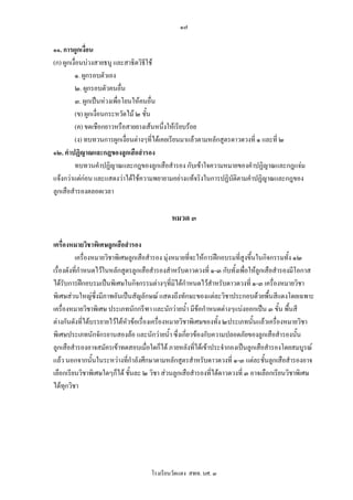 ๑๗

๑๑. การผูกเงื่อน
(ก) ผูกเงื่อนบวงสายธนู และสาธิตวิธีใช
         ๑. ผูกรอบตัวเอง
         ๒. ผูกรอบตัวคนอื่น
         ๓. ผูกเปนหวงเพื่อโยนใหคนอื่น
         (ข) ผูกเงื่อนกระหวัดไม ๒ ชั้น
         (ค) ขดเชือกยาวหรือสายยางเสนหนึ่งใหเรียบรอย
         (ง) ทบทวนการผูกเงื่อนตางๆที่ไดเคยเรียนมาแลวตามหลักสูตรดาวดวงที่ ๑ และที่ ๒
๑๒. คําปฏิญาณและกฎของลูกเสือสํารอง
         ทบทวนคําปฏิญาณและกฎของลูกเสือสํารอง กับเขาใจความหมายของคําปฏิญาณและกฎแจม
แจงกวาแตกอน และแสดงวาไดใชความพยายามอยางแทจริงในการปฏิบัติตามคําปฏิญาณและกฎของ
ลูกเสือสํารองตลอดเวลา

                                             หมวด ๓

เครื่องหมายวิชาพิเศษลูกเสือสํารอง
          เครื่องหมายวิชาพิเศษลูกเสือสํารอง มุงหมายที่จะใหการฝกอบรมที่สูงขึ้นในกิจกรรมทั้ง ๑๒
เรื่องดังที่กําหนดไวในหลักสูตรลูกเสือสํารองสําหรับดาวดวงที่ ๑-๓ กับทั้งเพื่อใหลูกเสือสํารองมีโอกาส
ไดรับการฝกอบรมเปนพิเศษในกิจกรรมตางๆที่มิไดกําหนดไวสําหรับดาวดวงที่ ๑-๓ เครื่องหมายวิชา
พิเศษสวนใหญซึ่งมีภาพอันเปนสัญลักษณ แสดงถึงทักษะของแตละวิชาประกอบดวยพื้นสีแดงโดยเฉพาะ
เครื่องหมายวิชาพิเศษ ประเภทนักกรีฑา และนักวายน้า มีขอกําหนดตางๆแบงออกเปน ๓ ขั้น พื้นสี
                                                    ํ
ตางกันดังทีไดบรรยายไวใตหัวขอเรื่องเครืองหมายวิชาพิเศษของทั้ง ๒ประเภทนั้นแลวเครื่องหมายวิชา
               ่                           ่
พิเศษประเภทนักจักรยานสองลอ และนักวายน้ํา ซึ่งเกี่ยวของกับความปลอดภัยของลูกเสือสํารองนั้น
ลูกเสือสํารองอาจสมัครเขาทดสอบเมื่อใดก็ได ภายหลังที่ไดเขาประจํากองเปนลูกเสือสํารองโดยสมบูรณ
แลว นอกจากนั้นในระหวางที่กําลังศึกษาตามหลักสูตรสําหรับดาวดวงที่ ๑-๓ แตละชั้นลูกเสือสํารองอาจ
เลือกเรียนวิชาพิเศษใดๆก็ได ชั้นละ ๒ วิชา สวนลูกเสือสํารองที่ไดดาวดวงที่ ๓ อาจเลือกเรียนวิชาพิเศษ
ไดทุกวิชา




                                     โรงเรียนวัดแดง สพท. นศ. ๓
 