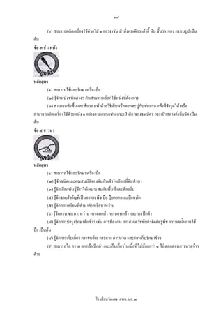 ๓๘

        (๖) สามารถผลิตเครื่องใชดวยไม ๑ อยาง เชน มานั่งคนเดียว เกาอี้ หีบ ชั้นวางของ กรอบรูป เปน
ตน
ขอ ๓ ชางหนัง




หลักสูตร
        (๑) สามารถใชและรักษาเครื่องมือ
        (๒) รูจักหนังชนิดตางๆ กับสามารถเลือกใชหนังที่ตองการ
        (๓) สามารถทําพื้นและสนรองเทาดวยวิธีเย็บหรือตอกตะปูกับซอมรองเทาที่ชํารุดได หรือ
สามารถผลิตเครื่องใชดวยหนัง ๑ อยางตามแบบ เชน กระเปาถือ ซองธนบัตร กระเปาสตางค เข็มขัด เปน
ตน
ขอ ๔ ชาวนา




หลักสูตร
          (๑) สามารถใชและรักษาเครื่องมือ
          (๒) รูจักชนิดและคุณสมบัตของดินกับเขาใจเลือกที่ดนทํานา
                                        ิ                      ิ
          (๓) รูจักเลือกพันธุขาวใหเหมาะสมกับพื้นที่และทองถิ่น
          (๔) รูจักธาตุสําคัญที่เปนอาหารพืช ปุย ปุยคอก และปุยหมัก
          (๕) รูจักการเตรียมที่ทํานาดํา หรือนาหวาน
          (๖) รูจักการเพาะการหวาน การตกกลา การถอนกลา และการปกดํา
          (๗) รูจักการบํารุงรักษาตนขาว เชน การปองกัน การกําจัดวัชพืชกําจัดศัตรูพืช การทดน้ํา การใช
ปุย เปนตน
          (๘) รูจักการเก็บเกี่ยว การขนยาย การตาก การนวด และการเก็บรักษาขาว
          (๙) สามารถไถ คราด ตกกลา ปกดํา และเก็บเกียวในเนือที่ไมนอยกวา ๑ ไร ตลอดจนการนวดขาว
                                                          ่       ้
ดวย




                                       โรงเรียนวัดแดง สพท. นศ. ๓
 