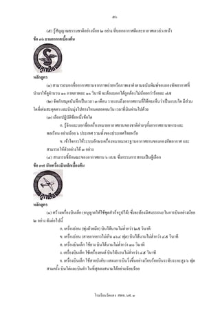 ๕๖

        (๕) รูสัญญาณธรรมชาติอยางนอย ๒ อยาง ที่บอกอากาศดีและอากาศเลวลวงหนา
ขอ ๓๖ ยามอากาศเบื้องตน




หลักสูตร
         (๑) สามารถบอกชื่ออากาศยานจากภาพถายหรือภาพเงาดําตามฉบับพิมพของกองทัพอากาศที่
นํามาใหดูจํานวน ๑๐ ภาพภาพละ ๑๐ วินาที จะตองบอกไดถูกตองไมนอยกวารอยละ ๗๕
         (๒) จัดทําสมุดบันทึกเปนเวลา ๓ เดือน รายงานถึงอากาศยานที่ไดพบเห็นวาเปนแบบใด มีสวน
ใดที่เดนสะดุดตา และบินมุงไปทางไหนตลอดจนวัน เวลาที่บินผานไปดวย
         (๓) เลือกปฏิบัติขอหนึ่งขอใด
                 ก. รูจักและบอกชื่อเครื่องหมายอากาศยานของชาติตางๆทั้งอากาศยานทหารและ
         พลเรือน อยางนอย ๖ ประเทศ รวมทั้งของประเทศไทยหรือ
                 ข. เขาใจการใหระบบอักษรเครื่องหมายมาตรฐานอากาศยานของกองทัพอากาศ และ
         สามารถใหตัวอยางได ๓ อยาง
         (๔) สามารถชี้ลักษณะของอากาศยาน ๖ แบบ ซึ่งกรรมการสอบเปนผูเลือก
ขอ ๓๗ นักเครื่องบินเล็กเบื้องตน




หลักสูตร
        (๑) สรางเครื่องบินเล็ก (อนุญาตใหใชชดสําเร็จรูปได) ซึ่งจะตองมีสมรรถนะในการบินอยางนอย
                                                  ุ
๒ อยาง ดังตอไปนี้
                 ก. เครื่องรอน (พุงดวยมือ) บินไดนานไมตากวา ๒๕ วินาที
                                                            ่ํ
                 ข. เครื่องรอน (สายลากยาวไมเกิน ๑๖๔ ฟุต) บินไดนานไมต่ํากวา ๔๕ วินาที
                 ค. เครื่องบินเล็ก ใชยาง บินไดนานไมตากวา ๓๐ วินาที
                                                         ่ํ
                 ง. เครื่องบินเล็ก ใชเครื่องยนต บินไดนานไมตํ่ากวา ๔๕ วินาที
                 จ. เครื่องบินเล็ก ใชสายบังคับ แสดงการบินวิ่งขึ้นอยางเรียบรอยบินระดับระยะสูง ๖ ฟุต
        สามครั้ง บินไตและบินดํา ในที่สุดลงสนามไดอยางเรียบรอย



                                      โรงเรียนวัดแดง สพท. นศ. ๓
 