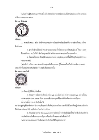 ๕๗

        (๒) มีความรูในทฤษฎีการบินเบื้องตน ตลอดจนอิทธิพลจากแกนทั้งสามอันมีตอการบังคับและ
เสถียรภาพของอากาศยาน
ขอ ๓๘ นักสะสม




หลักสูตร
        (๑) สะสมสิ่งของ ๑ ชนิด จัดเปนหมวดหมูอยางมีระเบียบเรียบรอยเปนเวลาอยางนอย ๓ เดือน
ขอสังเกต
                ก. ลูกเสือเปนผูเลือกสิ่งของที่จะสะสมเอง สิ่งที่เสนอแนะใหสะสมมีดงนี้ คือ ดวงตรา
                                                                                    ั
        ไปรษณียากร ตราไมขีดไฟเหรียญกษาปณ เปลือกหอย ภาพและเครื่องหมายตางๆ
                ข. สิ่งของที่สะสม ตองมีจํานวนพอสมควร และมีคุณภาพดีทั้งนี้ใหอยูในดุลยพินิจของ
                                                                                  
        กรรมการสอบ
        (๒) อภิปรายกับกรรมการสอบถึงเหตุผลที่เลือกสะสม รูเรื่องราวเกี่ยวกับสิ่งของที่สะสม และ
แสดงใหเห็นวามีความสนใจอยางจริงจังในสิ่งที่สะสมนั้น
ขอ ๓๙ บรรณารักษ




หลักสูตร
         (๑) เลือกปฏิบัติเพียงขอเดียว
                   ก. ทําบัญชีรายชื่อหนังสืออยางนอย ๑๒ เลม ที่ตนไดอานในระยะเวลา ๑๒ เดือนที่ผาน
         มา เสนอตอกรรมการสอบ กับสามารถอธิบายเหตุผลที่อาน ขอคิดเห็นและตอบปญหา
                                                                  
         เกี่ยวกับเนื้อหาของหนังสือนั้นได
หมายเหตุ บัญชีดังกลาวควรประกอบดวย หนังสือทั้งประเภทนิยาย และไมใชนิยาย โดยผูแตงคนเดียวกัน
ไมเกิน ๓ เลมและไมรวมถึงตําราเรียนในโรงเรียน
                   ข. ทําบรรณานุกรม (bibliography) อยางยอๆเกี่ยวกับหัวขอวิชาที่สนใจเปนพิเศษ อธิบาย
         การคัดเลือกหนังสือ และตอบปญหาเกี่ยวกับเนื้อหาของหนังสือนั้นได
         (๒) สามารถบรรยายถึงวิธีเขาเลมหนังสือ โดยใชคําพูดอยางงายๆ



                                      โรงเรียนวัดแดง สพท. นศ. ๓
 