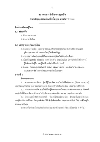 ๖


                               แนวทางการจัดกิจกรรมลูกเสือ
                 ตามหลักสูตรสถานศึกษาขั้นพื้นฐาน พุทธศักราช 2544
                           ...................................................
กิจกรรมพัฒนาผูเรียน
1.1 สาระหลัก
        1. กิจกรรมแนะแนว
        2. กิจกรรมนักเรียน

1.2 มาตรฐานการพัฒนาผูเรียน
        1. มีความรูความเขาใจ และสามารถพัฒนาศักยภาพของตนในการเสริมสรางทักษะชีวิต
            วุฒิภาวะทางอารมณ และการเรียนรูในเชิงพหุปญญา
        2. สามารถสรางสัมพันธภาพที่ดีในตนเองและอยูรวมกับผูอื่นอยางเปนสุข
        3. เปนผูที่มีคุณธรรม จริยธรรม ในการดํารงชีวิต มีระเบียบวินัย มีความคิดริเริ่มสรางสรรค
            รูจักชวยเหลือผูอื่น และรูจักใชเวลาวางใหเปนประโยชน
        4. มีความจงรักภักดีตอสถาบันชาติ ศาสนา พระมหากษัตริย และเลื่อมใสในการปกครอง
            ระบอบประชาธิปไตยอันมีพระมหากษัตริยเปนประมุข
สาระที่ 1
          กิจกรรมแนะแนว
          1.1 การแนะแนวการศึกษา มุงใหผูเรียนพัฒนาการเรียนไดเต็มศักยภาพ รูจักแสวงหาความรู
และวางแผนการเรียนไดอยางมีประสิทธิภาพ สามารถปรับตัวดานการเรียน และมีวินัยใฝรูใฝเรียน
          1.2 การแนะแนวอาชีพ ชวยใหผูเรียนรูจักตนเอง และโลกของงานอยางหลากหลาย มีเจตคติ
และนิสัยที่ดีในการทํางาน มีโอกาสไดรับประสบการณและฝกงานตามความถนัด ความสนใจ
          1.3 แนะแนวเพื่อพัฒนาบุคลิกภาพ ชวยใหผูเรียนเขาใจตนเอง รักและเห็นคุณคาในตนเอง
และผูอื่น มีอารมณมั่นคง มีมนุษยสัมพันธที่ดี เขาใจสิ่งแวดลอม และสามารถปรับตัวใหดํารงชีวิตอยูใน
สังคมอยางเปนสุข
          กําหนดใหนักเรียนตองพบอาจารยแนะแนว เพื่อปรึกษาหารือ ปละไมนอยกวา 10 ชั่วโมง




                                     โรงเรียนวัดแดง สพท. นศ. ๓
 