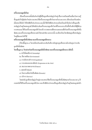 ๗๑

เครื่องหมายลูกเสือโลก
          เปนเครื่องหมายขั้นตนสําหรับผูที่เปนลูกเสือสามัญรุนใหญ เปนการเตรียมพรอมที่จะรับความรู
ขั้นสูงตอไป ผูสมัครใหมควรจะสอบไดเครื่องหมายลูกเสือโลกภายในระยะเวลา๖ เดือนนับแตวันสมัคร
เมื่อสอบไดแลว ใหทําพิธีเขาประจํากอง และเมื่อไดเขาพิธีประจํากองเรียบรอยแลวจึงนับวาเปนลูกเสือ
สามัญรุนใหญโดยสมบูรณ มีสิทธิประดับเครื่องหมายลูกเสือโลกที่กึ่งกลางกระเปาเสื้อขางซายไดผูที่ผาน
การสอบและไดรับเครื่องหมายลูกเสือโลกแลว ควรพยายามฝกอบรมตนเองเพื่อรับเครื่องหมายลูกเสือชั้น
พิเศษ และเครื่องหมายลูกเสือหลวงตอไปตามลําดับ นอกจากนั้น จะเลือกเรียนวิชาพิเศษลูกเสือสามัญรุน
ใหญที่ตนสนใจก็ได
เครื่องหมายลูกเสือชั้นพิเศษ และเครื่องหมายลูกเสือหลวง
          มีวิชาพื้นฐาน ๘ วิชาเหมือนกันแตตางระดับกันคือ หลักสูตรลูกเสือหลวงมีระดับสูงกวาระดับ
ลูกเสือชั้นพิเศษ
วิชาพื้นฐาน ๘ วิชาสําหรับเครื่องหมายลูกเสือชั้นพิเศษ และเครื่องหมายลูกเสือหลวง มีดังนี:   ้
          ๑. หนาที่พลเมือง (Citizenship)
          ๒. สิ่งแวดลอม (Environment)
          ๓. การเดินทางสํารวจ (Expedition)
          ๔. การแสดงออกทางศิลปะ (Expression in the Arts)
          ๕. สมรรถภาพทางกาย (Fitness)
          ๖. อุดมคติ (Ideals)
          ๗. กิจกรรมทีสนใจเปนพิเศษ (Pursuits)
                        ่
          ๘. บริการ (Service)
          โดยปกติ ลูกเสือสามัญรุนใหญควรจะสอบไดเครื่องหมายลูกเสือชั้นพิเศษภายในระยะเวลา ๑ ป
ภายหลังที่ไดรบเครื่องหมายลูกเสือโลก และเขาพิธีประจํากองเปนลูกเสือสามัญรุนใหญโดยสมบูรณแลว
                 ั




                                       โรงเรียนวัดแดง สพท. นศ. ๓
 