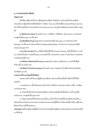 ๗๘

๔. การแสดงออกทางศิลปะ
วัตถุประสงค
         จัดใหมีการพัฒนาในเรื่องการรูจักคุณคาของศิลปะ โดยมีสวนรวมอยางจริงจังในงานศิลปะ
ประเภทตางๆ ที่ลูกเสือสนใจเปนพิเศษคําวา “ศิลปะ” (The Arts) เปนคําที่มีความหมายกวางมาก และอาจ
กลาวไดวาคลุมถึงกิจกรรมทางวัฒนธรรม (Cultural activity) แทบทุกอยางศิลปะอาจแบงออกเปน ๕ กลุม
คือ
         (๑) ศิลปะทางการแสดง เชน ดนตรี, ละคร, การฟอนรํา, วิพิธทัศนา, หุนกระบอก, การแสดงกล,
การพูดในที่สาธารณะ, การโตวาที ฯ
         (๒) ทัศนศิลป (Visual Arts) เชน การวาดภาพลายเสน (Drawing), การวาดภาพระบายสี
(Painting), การปนและการทําแบบจําลอง (Sculpture&Modelling), การถายภาพ, การออกแบบแฟชั่น
(Fashion Design) ฯลฯ
         (๓) การชาง (Crafts) เชน การพิมพภาพดวยวิธีสกรีน (Screen Printing), เครื่องปนดินเผา, การลง
ยา, การทําเครื่องเขิน, การทําเครื่องถม, การแกะสลักไม, การชางหนัง, การทอ, การชางโลหะ, การจักสาน,
การเขาเลมหนังสือ ฯลฯ
         (๔) ศิลปะทางอักษรศาสตร (Literary Arts) เชน นวนิยาย, บทรอยกรอง, การหนังสือพิมพ,
ชีวประวัต,ิ ความเรียง ฯลฯ
         (๕) ศิลปะการวิจารณ (Criticism) เชน ดนตรี, ละคร, ภาพยนตร, โทรทัศน, นิทรรศการศิลปะ,
สถาปตยกรรม ฯลฯ
มาตรฐานเครืองหมายลูกเสือชั้นพิเศษ
              ่
         แสดงความกาวหนาในการปฏิบัติงานทางศิลปะ โดยกระทําเรื่องหนึ่งเรืองใดตอไปนีใหเปน
                                                                             ่              ้
ผลสําเร็จ
         ๑. เสนอผลงาน ๓ ชิ้น ซึ่งแสดงความกาวหนา (อาจเปนการวาดภาพระบายสี, การปน, งานเขียน,
การถายภาพ ฯลฯ)
         ๒. แสดงหรือมีสวนในการแสดงทางศิลปะ ภายในของลูกเสือหรือชั้นเรียน ๓ ครั้ง (อาจเปน
ดนตรี,ละคร, การพูดในที่ประชุม ฯลฯ)
         ๓. ไปดูการแสดงหรือนิทรรศการอยางนอย ๓ ครั้ง หรืออานหนังสือในทางศิลปะอยางนอย ๓
เลมตามคําแนะนําของกรรมการสอบ และตอมากรรมการสอบผูไดทําการสัมภาษณเห็นวามีความรูในทาง         
ศิลปะกวางขวางยิ่งขึ้นพอสมควร
หมายเหตุ ลูกเสือสามัญรุนใหญที่มีความสามารถในทางศิลปะอยูเดิม ควรพยายามผานการทดสอบตามขอ
๑ หรือขอ ๒



                                      โรงเรียนวัดแดง สพท. นศ. ๓
 