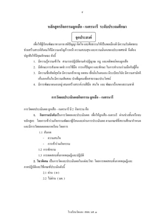 ๙



                   หลักสูตรกิจกรรมลูกเสือ - เนตรนารี ระดับประถมศึกษา

                                          จุดประสงค
        เพื่อใหผูเรียนพัฒนาทางกาย สติปญญา จิตใจ และศีลธรรมใหเปนพลเมืองดี มีความรับผิดชอบ
ชวยสรางสรรคสังคมใหมีความเจริญกาวหนา ความสงบสุข และความมั่นคงของประเทศชาติ จึงตอง
ปลูกฝงใหมีคณลักษณะ ดังนี้
              ุ
        1. มีความรูความเขาใจ สามารถปฏิบัติตามคําปฏิญาณ กฎ และคติพจนของลูกเสือ
        2. มีทักษะการสังเกต จดจํา การใชมือ การแกปญหา และทักษะ ในการทํางานรวมมือกับผูอื่น
        3. มีความซื่อสัตยสุจริต มีความกลาหาญ อดทน เชื่อมั่นในตนเอง มีระเบียบวินัย มีความสามัคคี
             เห็นอกเห็นใจ มีความเสียสละ บําเพ็ญตนเพื่อสาธารณะประโยชน
        4. มีการพัฒนาตนเองอยู เสมอสรางสรรคงานฝมือ สนใจ และ พัฒนาเรื่องของธรรมชาติ


                      การวัดผลประเมินผลกิจกรรม ลูกเสือ – เนตรนารี

การวัดผลประเมินผล ลูกเสือ – เนตรนารี มี 2 กิจกรรม คือ
       1. กิจกรรมบังคับเปนการวัดผลและประเมินผล เพื่อใหลูกเสือ–เนตรนรี ผานชวงชั้นหรือจบ
หลักสูตร โดยการเขารวมกิจกรรมพัฒนาผูเรียนและผานการประเมินผล ตามเกณฑที่สถานศึกษากําหนด
และมีการวัดผลตลอดภาคเรียน โดยการ
            1.1 สังเกต
                - ความสนใจ
                - การเขารวมกิจกรรม
            1.2 การซักถาม
            1.3 การทดสอบทั้งภาคทฤษฎีและปฏิบติ   ั
       2. วิชาพิเศษ เปนการวัดและประเมินผลในแตละวิชา โดยการทดสอบทั้งภาคทฤษฎีและ
ภาคปฏิบัติและใชเกณฑประเมินดังนี้
                2.1 ผาน ( ผ )
                2.2 ไมผาน ( มผ. )




                                    โรงเรียนวัดแดง สพท. นศ. ๓
 