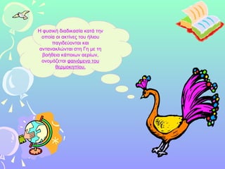 Η φυσική διαδικασία κατά την οποία οι ακτίνες του ήλιου παγιδεύονται και αντανακλώνται στη Γη με τη βοήθεια κάποιων αερίων, ονομάζεται  φαινόμενο του θερμοκηπίου. 