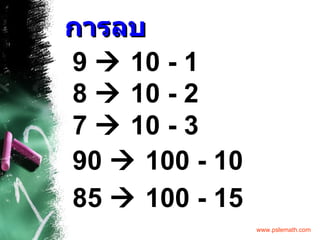 การลบ 9    10 - 1 8    10 - 2 7    10 - 3 90    100 - 10 85    100 - 15 