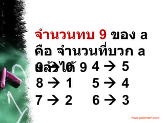 จำนวนทบ  9   ของ  a  คือ จำนวนที่บวก  a  แล้วได้  9 9    0 7    2 8    1 4    5 5    4 6    3 
