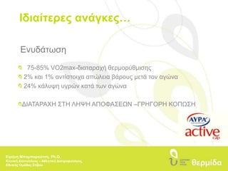 Ιδιαίτερες ανάγκες…Ενυδάτωση 	75-85% VO2max-διαταραχή θερμορύθμισης 2% και 1% αντίστοιχα απώλεια βάρους μετά τον αγώνα 24% κάλυψη υγρών κατά των αγώναΔΙΑΤΑΡΑΧΗ ΣΤΗ ΛΗΨΗ ΑΠΟΦΑΣΕΩΝ –ΓΡΗΓΟΡΗ ΚΟΠΩΣΗΕιρήνη Μπαμπαρούτση, Ph.D.Κλινική Διαιτολόγος – Αθλητική Διατροφολόγος, Εθνικής Ομάδας Στίβου