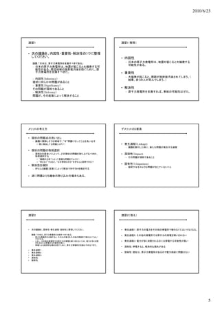 2010/6/23




演習１                                           演習1（解答）


• 次の議論を、内因性・重要性・解決性の3つに整理
  してください。                                     • 内因性
    論題：「日本は、原子力発電所を全廃すべきである」
                                                – 日本の原子力発電所は、地震が起こると大爆発する
                                                  可能性がある。
    – 日本の原子力発電所は、地震が起こると大爆発する可
      能性がある。周辺地域の放射能汚染を防ぐために、原
      能性がある 周辺地域の放射能汚染を防ぐために 原
      子力発電所を全廃すべきだ。                           • 重要性
                                                – 大爆発が起こると、周囲が放射能汚染されてしまう。（
    – 内因性（Inherency）                              結果、多くの人が死んでしまう。）
    現状に何らかの問題があること
    – 重要性（Significancy）
    その問題が深刻であること                              • 解決性
    – 解決性（Solvency）                             – 原子力発電所を全廃すれば、事故の可能性はゼロ。
    問題が、その政策によって解決すること




メリットの考え方                                      デメリットの3要素


• 現状の問題点の洗い出し
    – 論題に関係しそうな領域で、”今”問題になってことを洗い出す
       • 既に解決してる問題じゃダメ！                       • 発生過程（Linkage)
                                                – 論題を実行した時に、新たな問題が発生する過程
• 現状の問題の取捨選択
    – 深刻さの度合いによって、どの現状の問題を取り上げるべきか、           • 深刻性（Impact)
      取捨選択する                                    – その問題が深刻であること
       • “論題の主体”にとって重要な問題をチョイス！
       • “何となく”ではなく、“なぜ深刻なのか”をきちんと説明できる？
                                              • 固有性（Uniqueness)
• 解決性を検討
                                                – 現状ではそのような問題が生じていないこと
    – きちんと論題（政策）によって解決できそうかを検討する


• 逆に問題よりも機会の取り込みの場合もある。




演習２                                           演習２（答え）




•   次の議論を、固有性・発生過程・深刻性に整理してください。              • 発生過程１：原子力の電力をその他の発電所で補わなくてはいけなくなる。

    論題：「日本は、原子力発電所を全廃すべきである」                  • 発生過程２：その他の発電所では原子力の発電を補いきれない
     – 原子力発電所を全廃すると、その分の電力をその他の発電所で補わなくてはい
       けなくなる。
     – しかし、その他の発電所では原子力の発電を補いきれないため、電力が多く消費   • 発生過程３：電力が多く消費される日には停電する可能性が高い
       される日には停電する可能性が高い。
     – 停電による経済的な損失を防ぐために、原子力発電所の全廃はやめるべきだ。
                                              • 深刻性：停電すると、経済的な損失がある
•   発生過程１：
•   発生過程２：                                    • 固有性：現在は、原子力発電所があるので電力供給に問題はない
•   発生過程３：
•   深刻性：
•   固有性：




                                                                                       5
 
