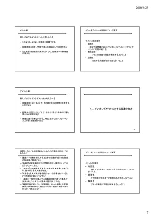 2010/6/23




メリット編                          もう一度デメリットの要件について復習


例えば以下のようなメリットが考えられる
                               デメリットの３要件
• X社よりも、よりよい就職先に就職できる
                               • 固有性
• 就職活動自体を、学習や成長の機会として活用できる        現状では問題が起こっていないということ（＝プランで
                                 はじめて問題が起こる）
• たとえ他の就職先が決まらなくても、就職先への納得感    • 発生過程
  が高まる
                                   プランの実施で問題が発生するということ
                               • 深刻性
                                   発生する問題が深刻であるということ




デメリット編


例えば以下のようなデメリットが考えられる

• 就職活動を続けることで、引き続き多くの時間を消費する
  ことになる
                                 ４-2．メリット、デメリットに対する反論の仕方
• 就職先が確定しないことで、自分が（親が）精神的に落ち
  着かない期間が続く

• 研修に集中できないので、入社してからのパフォーマン
  ス、評価に悪影響が出る



                                                              40




演習５：それぞれの反論はメリットのどの要件を批判してい
                               もう一度メリットの要件について復習
るのか？

• 議論1「一院制を導入すると選挙の回数が減って各政党
  の財政難が解消する」
←「各政党の財政難のどこが問題なのか。国民にとっては     メリットの３要件
  どうでもいいことだ」                   • 内因性
•  議論２「一院制を導入すると与党が法案を通しやすくな      現在プランを取っていないことで問題が起こっている
  り、抜本的な景気対策が進む」
  り 抜本的な景気対策が進む」                ということ
                                と う と
←「そもそも景気対策が参議院のせいで妨害されていると
  いう問題など起こっていない」
                               • 重要性
• 議論3「一院制を導入すると議員定数が減って議員が        その問題が解決すべき重要なものであるということ
  淘汰され、これまでより議員の質が向上する」        • 解決性
←「議員定数が減っても、世襲議員、タレント議員、元官僚       プランの実施で問題が解決するということ
  議員が候補者選定で優先されるので優秀な議員が選ば
  れるという保証はない」




                                                                          7
 
