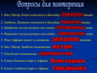 Вопросы для повторения 1. Нил, Нигер, Конго относятся к бассейну ………………..  океана.  Атлантического 2. Замбези, Лимпопо относятся к бассейну………………  океана.  Индийского 3. Наиболее густую речную сеть имеет …………………… ….пояс.  Экваториальный 4. Наименее густую речную сеть имеет …………………… ….пояс.  Тропический 5. Реки Африки имеют в основном ……………………… питание. дождевое  6. Нил, Нигер, Замбези полноводны  ……………..... . летом 7. Река Конго полноводна  ……………..................... .. круглый год 8. Самое большое озеро в Африке  ……………..................... .. Виктория 8. Самое глубокое озеро в Африке  ……………..................... .. Танганьика 
