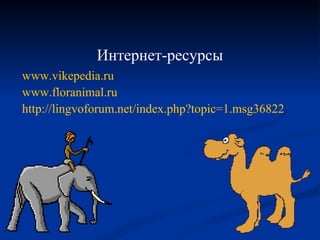 www.vikepedia.ru www.floranimal.ru http://lingvoforum.net/index.php?topic=1.msg36822 Интернет-ресурсы 