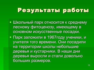 Результаты работы Школьный парк относится к среднему лесному фитоценозу, имеющему в основном искусственные посадки.  Парк заложили в 1967году ученики, и учителя того времени. Они посадили на территории школы небольшие деревья и кустарники. В наши дни деревья выросли и стали довольно больших размеров.  