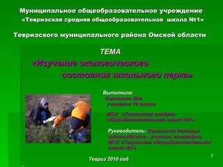 Муниципальное общеобразовательное учреждение    «Тевризская средняя общеобразовательная  школа №1» Тевризского муниципального района Омской области   ТЕМА «Изучение экологического  состояния школьного парка» Выполнила:  Колпакова Яна учащаяся 10 класса  МОУ  «Тевризская средняя  общеобразовательная школа №1» Руководитель:   Каратцова Наталья  Александровна - учитель географии,  МОУ «Тевризская общеобразовательная  школа №1» Тевриз 2010 год 