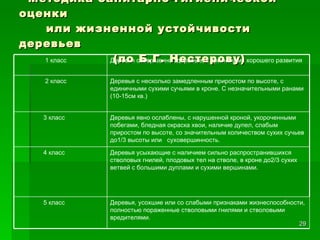 Методика санитарно-гигиенической оценки    или жизненной устойчивости деревьев    (по Б.Г. Нестерову) Деревья усыхающие с наличием сильно распространившихся стволовых гнилей, плодовых тел на стволе, в кроне до2/3 сухих ветвей с большими дуплами и сухими вершинами.  4 класс Деревья, усохшие или со слабыми признаками жизнеспособности, полностью пораженные стволовыми гнилями и стволовыми вредителями.  5 класс Деревья явно ослаблены, с нарушенной кроной, укороченными побегами, бледная окраска хвои, наличие дупел, слабым приростом по высоте, со значительным количеством сухих сучьев до1/3 высоты или  суховершинность. 3 класс Деревья с несколько замедленным приростом по высоте, с единичными сухими сучьями в кроне. С незначительными ранами (10-15см кв.)  2 класс Деревья совершенно здоровые, с признаками хорошего развития  1 класс 