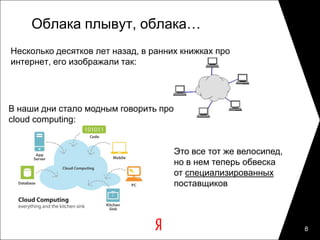 Облака плывут, облака…
Несколько десятков лет назад, в ранних книжках про
интернет, его изображали так:




В наши дни стало модным говорить про
cloud computing:


                                       Это все тот же велосипед,
                                       но в нем теперь обвеска
                                       от специализированных
                                       поставщиков




                                                                   8
 