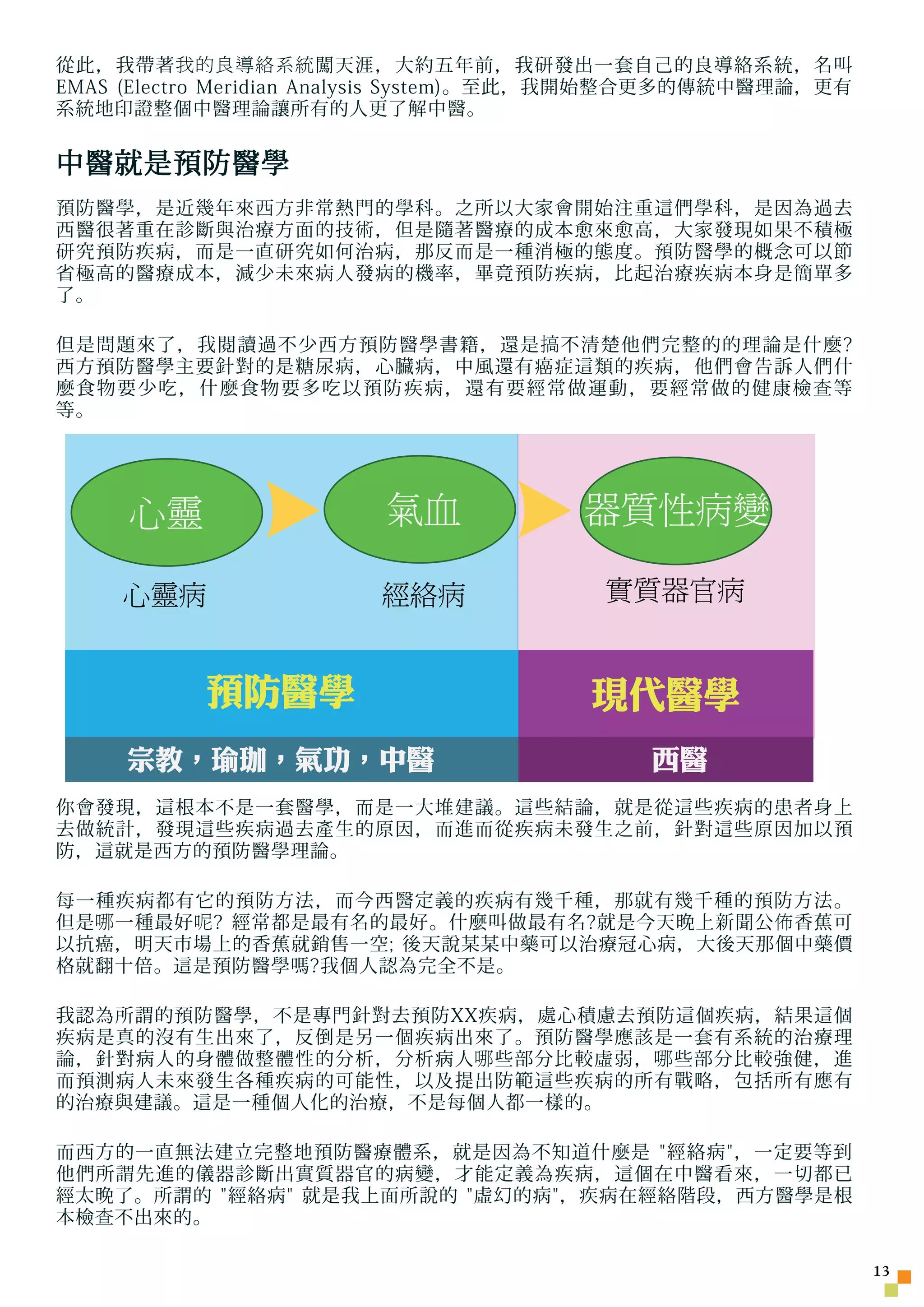 ÓÉ Foxit Readei ±à¼-
                                       °æÈ¨ËùÓÐ(C) Foxit Èí¼þ¹«Ë¾,2005-2006
從此，我帶著 我的良導絡系統 闖天涯，大約五年前，我研發出一套自己的良導絡系統，名叫
                                       ½öÊÊºÏÆÀ¹ÀÊ¹ÓÃ¡£
EMAS (Electro Meridian Analysis System)。至此，我開始整合更多的傳統中醫理論，更有
系統地印證整個中醫理論讓所有的人更了解中醫。


中醫就是預防醫學
預防醫學，是近幾年來西方非常熱門的學科。之所以大家會開始注重這們學科，是因為過去
西醫很著重在診斷與治療方面的技術，但是隨著醫療的成本愈來愈高，大家發現如果不積極
研究預防疾病，而是一直研究如何治病，那反而是一種消極的態度。預防醫學的概念可以節
省極高的醫療成本，減少未來病人發病的機率，畢竟預防疾病，比起治療疾病本身是簡單多
了。

但是問題來了，我閱讀過不少西方預防醫學書籍，還是 搞 不清楚他們完整的的理論是什麼?
西方預防醫學主要針對的是糖尿病，心臟病，中風還有癌症這類的疾病，他們會告訴人們什
麼食物要少吃，什麼食物要多吃以預防疾病，還有要經常做運動，要經常做的健康檢 查 等
等。




      心靈                       氣血                器質性病變

      心靈病                     經絡病                  實質器官病


              預防醫學                                現代醫學
      宗教，瑜珈，氣功，中醫                                       西醫
你會發現，這根本不是一套醫學，而是一大堆建議。這些結論，就是從這些疾病的患者身上
去做統計，發現這些疾病過去產生的原因，而進而從疾病未發生之前，針對這些原因加以預
防，這就是西方的預防醫學理論。

每一種疾病都有它的預防方法，而今西醫定義的疾病有幾千種，那就有幾千種的預防方法。
但是 哪 一種最好 呢 ? 經常都是最有名的最好。什麼叫做最有名?就是今天晚上新聞公 佈 香蕉可
以抗癌，明天市場上的香蕉就銷售一空; 後天說某某中藥可以治療冠心病，大後天那個中藥價
格就翻十倍。這是預防醫學嗎?我個人認為完全不是。

我認為所謂的預防醫學，不是專門針對去預防XX疾病，處心積慮去預防這個疾病，結果這個
疾病是真的沒有生出來了，反倒是另一個疾病出來了。預防醫學應該是一套有系統的治療理
論，針對病人的身體做整體性的分析，分析病人 哪 些部分比較虛弱， 哪 些部分比較強健，進
而預測病人未來發生各種疾病的可能性，以及提出防範這些疾病的所有戰略，包括所有應有
的治療與建議。這是一種個人化的治療，不是每個人都一樣的。

而西方的一直無法建立完整地預防醫療體系，就是因為不知道什麼是 經絡病，一定要等到
他們所謂先進的儀器診斷出實質器官的病變，才能定義為疾病，這個在中醫看來，一切都已
經太晚了。所謂的 經絡病 就是我上面所說的 虛幻的病，疾病在經絡階段，西方醫學是根
本檢 查 不出來的。

                                                                              13
 