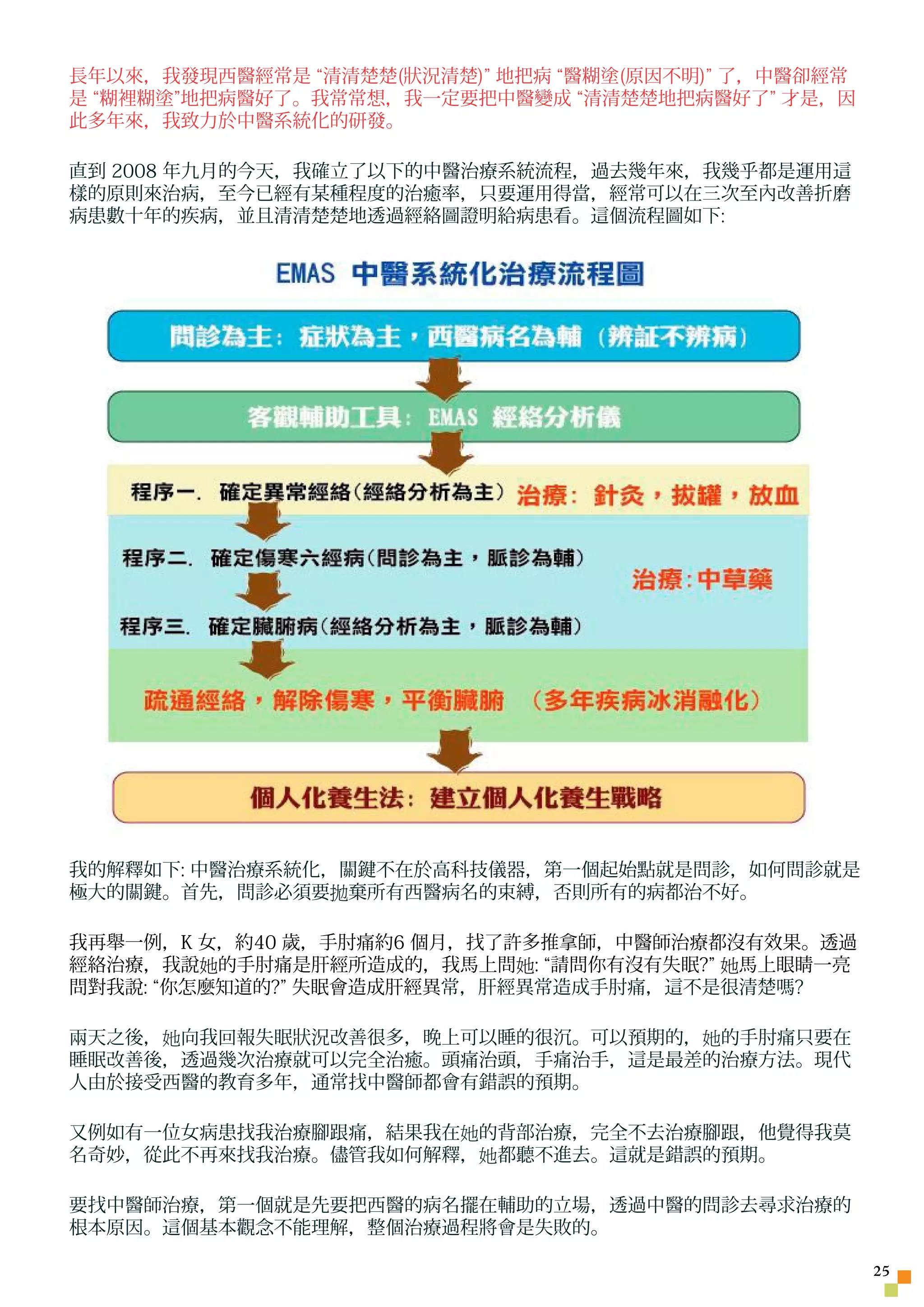 長年以來，我發現西醫經常是 “清清楚楚(狀況清楚)” 地把病 “醫糊塗(原因不明)” 了，中醫卻經常
是 “糊裡糊塗”地把病醫好了。我常常想，我一定要把中醫變成 “清清楚楚地把病醫好了” 才是，因
此多年來，我致力於中醫系統化的研發。

直到 2008 年九月的今天，我確立了以下的中醫治療系統流程，過去幾年來，我幾乎都是運用這
樣的原則來治病，至今已經有某種程度的治癒率，只要運用得當，經常可以在三次至內改善折磨
病患數十年的疾病，並且清清楚楚地透過經絡圖證明給病患看。這個流程圖如下:




我的解釋如下: 中醫治療系統化，關鍵不在於高科技儀器，第一個起始點就是問診，如何問診就是
極大的關鍵。首先，問診必須要拋棄所有西醫病名的束縛，否則所有的病都治不好。

我再舉一例，K 女，約40 歲，手肘痛約6 個月，找了許多推拿師，中醫師治療都沒有效果。透過
經絡治療，我說她的手肘痛是肝經所造成的，我馬上問她: “請問你有沒有失眠?” 她馬上眼睛一亮
問對我說: “你怎麼知道的?” 失眠會造成肝經異常，肝經異常造成手肘痛，這不是很清楚嗎?

兩天之後，她向我回報失眠狀況改善很多，晚上可以睡的很沉。可以預期的，她的手肘痛只要在
睡眠改善後，透過幾次治療就可以完全治癒。頭痛治頭，手痛治手，這是最差的治療方法。現代
人由於接受西醫的教育多年，通常找中醫師都會有錯誤的預期。

又例如有一位女病患找我治療腳跟痛，結果我在她的背部治療，完全不去治療腳跟，他覺得我莫
名奇妙，從此不再來找我治療。儘管我如何解釋，她都聽不進去。這就是錯誤的預期。

要找中醫師治療，第一個就是先要把西醫的病名擺在輔助的立場，透過中醫的問診去尋求治療的
根本原因。這個基本觀念不能理解，整個治療過程將會是失敗的。

                                                     25
 
