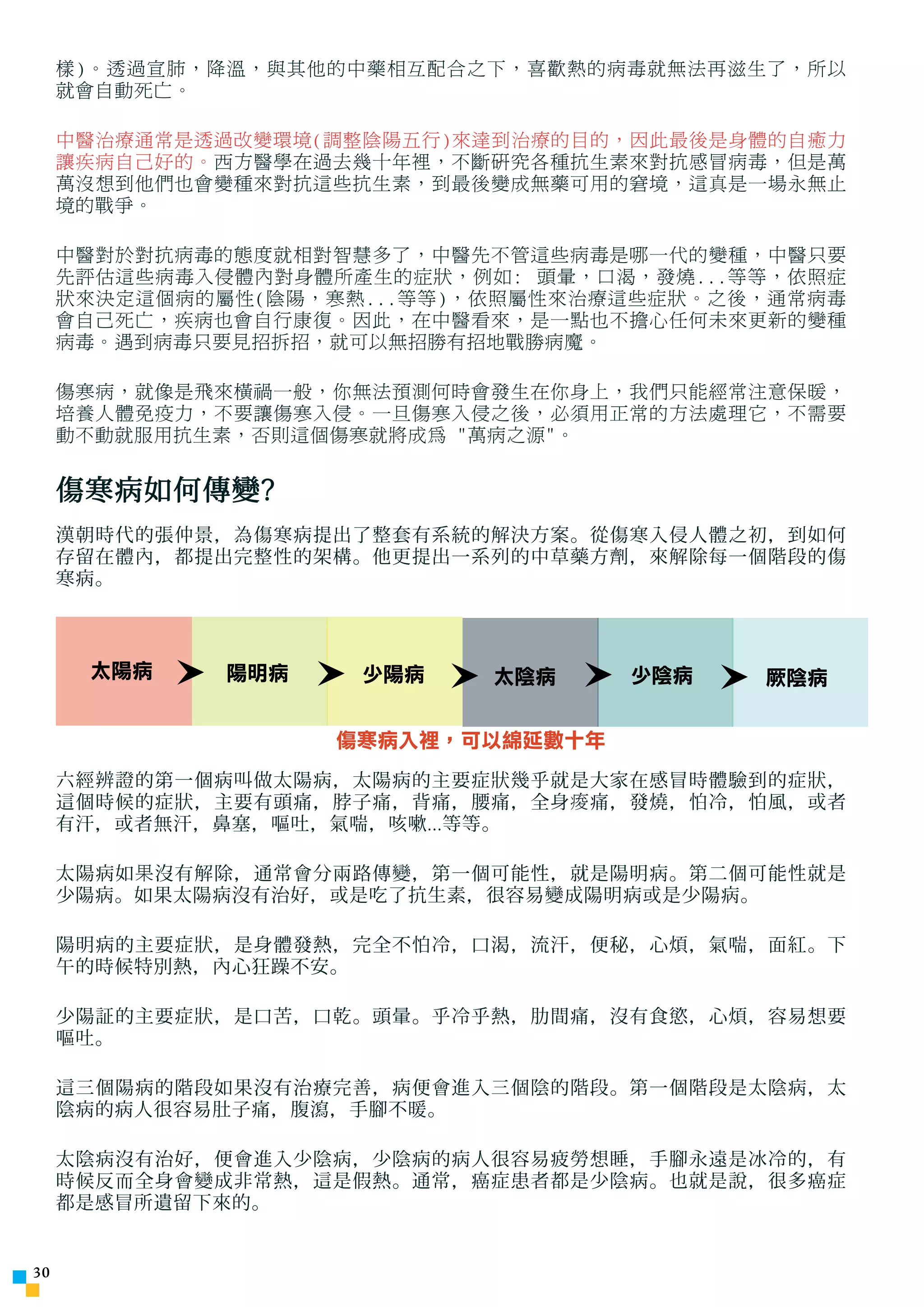 樣)。透過宣肺，降溫，與其他的中藥相互配合之下，喜歡熱的病毒就無法再滋生了，所以
     就會自動死亡。

     中醫治療通常是透過改變環境(調整陰陽五行)來達到治療的目的，因此最後是身體的自癒力
     讓疾病自己好的。西方醫學在過去幾十年裡，不斷研究各種抗生素來對抗感冒病毒，但是萬
     萬沒想到他們也會變種來對抗這些抗生素，到最後變成無藥可用的窘境，這真是一場永無止
     境的戰爭。

     中醫對於對抗病毒的態度就相對智慧多了，中醫先不管這些病毒是哪一代的變種，中醫只要
     先評估這些病毒入侵體內對身體所產生的症狀，例如: 頭暈，口渴，發燒...等等，依照症
     狀來決定這個病的屬性(陰陽，寒熱...等等)，依照屬性來治療這些症狀。之後，通常病毒
     會自己死亡，疾病也會自行康復。因此，在中醫看來，是一點也不擔心任何未來更新的變種
     病毒。遇到病毒只要見招拆招，就可以無招勝有招地戰勝病魔。

     傷寒病，就像是飛來橫禍一般，你無法預測何時會發生在你身上，我們只能經常注意保暖，
     培養人體免疫力，不要讓傷寒入侵。一旦傷寒入侵之後，必須用正常的方法處理它，不需要
     動不動就服用抗生素，否則這個傷寒就將成為 萬病之源。


     傷寒病如何傳變?
     漢朝時代的張仲景，為傷寒病提出了整套有系統的解決方案。從傷寒入侵人體之初，到如何
     存留在體內，都提出完整性的架構。他更提出一系列的中草藥方劑，來解除每一個階段的傷
     寒病。



      太陽病     陽明病    少陽病    太陰病     少陰病   厥陰病


                    傷寒病入裡，可以綿延數十年
     六經辨證的第一個病叫做太陽病，太陽病的主要症狀幾乎就是大家在感冒時體驗到的症狀，
     這個時候的症狀，主要有頭痛，脖子痛，背痛，腰痛，全身 痠 痛，發燒，怕冷，怕風，或者
     有汗，或者無汗，鼻塞，嘔吐，氣喘，咳嗽...等等。

     太陽病如 果 沒有解除，通常會分兩路傳變，第一個可能性，就是陽明病。第二個可能性就是
     少陽病。如果太陽病沒有治好，或是吃了抗生素，很容易變成陽明病或是少陽病。

     陽明病的主要症狀，是身體發熱，完全不怕冷，口渴，流汗，便秘，心煩，氣喘，面紅。下
     午的時候特別熱，內心狂躁不安。

     少陽証的主要症狀，是口苦，口乾。頭暈。乎冷乎熱，肋間痛，沒有食慾，心煩，容易想要
     嘔吐。

     這三個陽病的階段如果沒有治療完善，病便會進入三個陰的階段。第一個階段是太陰病，太
     陰病的病人很容易肚子痛，腹瀉，手腳不暖。

     太陰病沒有治好，便會進入少陰病，少陰病的病人很容易疲勞想睡，手腳永遠是冰冷的，有
     時候反而全身會變成非常熱，這是假熱。通常，癌症患者都是少陰病。也就是說，很多癌症
     都是感冒所遺留下來的。


30
 