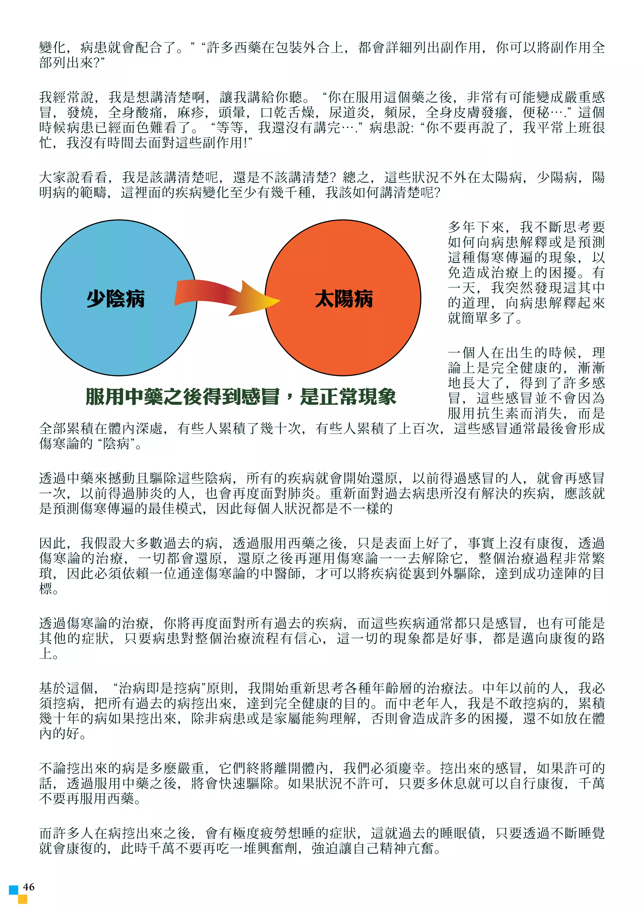 變化，病患就會配合了。” “許多西藥在包裝外合上，都會詳細列出副作用，你可以將副作用全
     部列出來?”

     我經常說，我是想講清楚啊，讓我講給你聽。 “你在服用這個藥之後，非常有可能變成嚴重感
     冒，發燒，全身酸痛，麻疹，頭暈，口乾舌燥，尿道炎，頻尿，全身皮膚發癢，便秘….” 這個
     時候病患已經面色難看了。 “等等，我還沒有講完….” 病患說: “你不要再說了，我平常上班很
     忙，我沒有時間去面對這些副作用!”

     大家說看看，我是該講清楚 呢 ，還是不該講清楚? 總之，這些狀況不外在太陽病，少陽病，陽
     明病的範疇，這裡面的疾病變化至少有幾千種，我該如何講清楚 呢 ?

                                      多年下來，我不斷思考要
                                      如何向病患解釋或是預測
                                      這種傷寒傳遍的現象，以
                                      免造成治療上的困擾。有
                                      一天，我突然發現這其中
        少陰病                太陽病        的道理，向病患解釋起來
                                      就簡單多了。

                                   一個人在出生的時候，理
                                   論上是完全健康的，漸漸
                                   地長大了，得到了許多感
        服用中藥之後得到感冒，是正常現象           冒，這些感冒並不會因為
                                   服用抗生素而消失，而是
     全部累積在體內深處，有些人累積了幾十次，有些人累積了上百次，這些感冒通常最後會形成
     傷寒論的 “陰病”。

     透過中藥來撼動且驅除這些陰病，所有的疾病就會開始還原，以前得過感冒的人，就會再感冒
     一次，以前得過肺炎的人，也會再度面對肺炎。重新面對過去病患所沒有解決的疾病，應該就
     是預測傷寒傳遍的最佳模式，因此每個人狀況都是不一樣的

     因此，我假設大多數過去的病，透過服用西藥之後，只是表面上好了，事實上沒有康復，透過
     傷寒論的治療，一切都會還原，還原之後再運用傷寒論一一去解除它，整個治療過程非常繁
     瑣，因此必須依賴一位通達傷寒論的中醫師，才可以將疾病從裏到外驅除，達到成功達陣的目
     標。

     透過傷寒論的治療，你將再度面對所有過去的疾病，而這些疾病通常都只是感冒，也有可能是
     其他的症狀，只要病患對整個治療流程有信心，這一切的現象都是好事，都是邁向康復的路
     上。

     基於這個， “治病即是 挖 病”原則，我開始重新思考各種年齡層的治療法。中年以前的人，我必
     須 挖 病，把所有過去的病 挖 出來，達到完全健康的目的。而中老年人，我是不敢 挖 病的，累積
     幾十年的病如果 挖 出來，除非病患或是家屬能 夠 理解，否則會造成許多的困擾，還不如放在體
     內的好。

     不論 挖 出來的病是多麼嚴重，它們終將離開體內，我們必須慶幸。 挖 出來的感冒，如果許可的
     話，透過服用中藥之後，將會快速驅除。如果狀況不許可，只要多休息就可以自行康復，千萬
     不要再服用西藥。

     而許多人在病 挖 出來之後，會有極度疲勞想睡的症狀，這就過去的睡眠債，只要透過不斷睡覺
     就會康復的，此時千萬不要再吃一堆興奮劑，強迫讓自己精神亢奮。

4
 