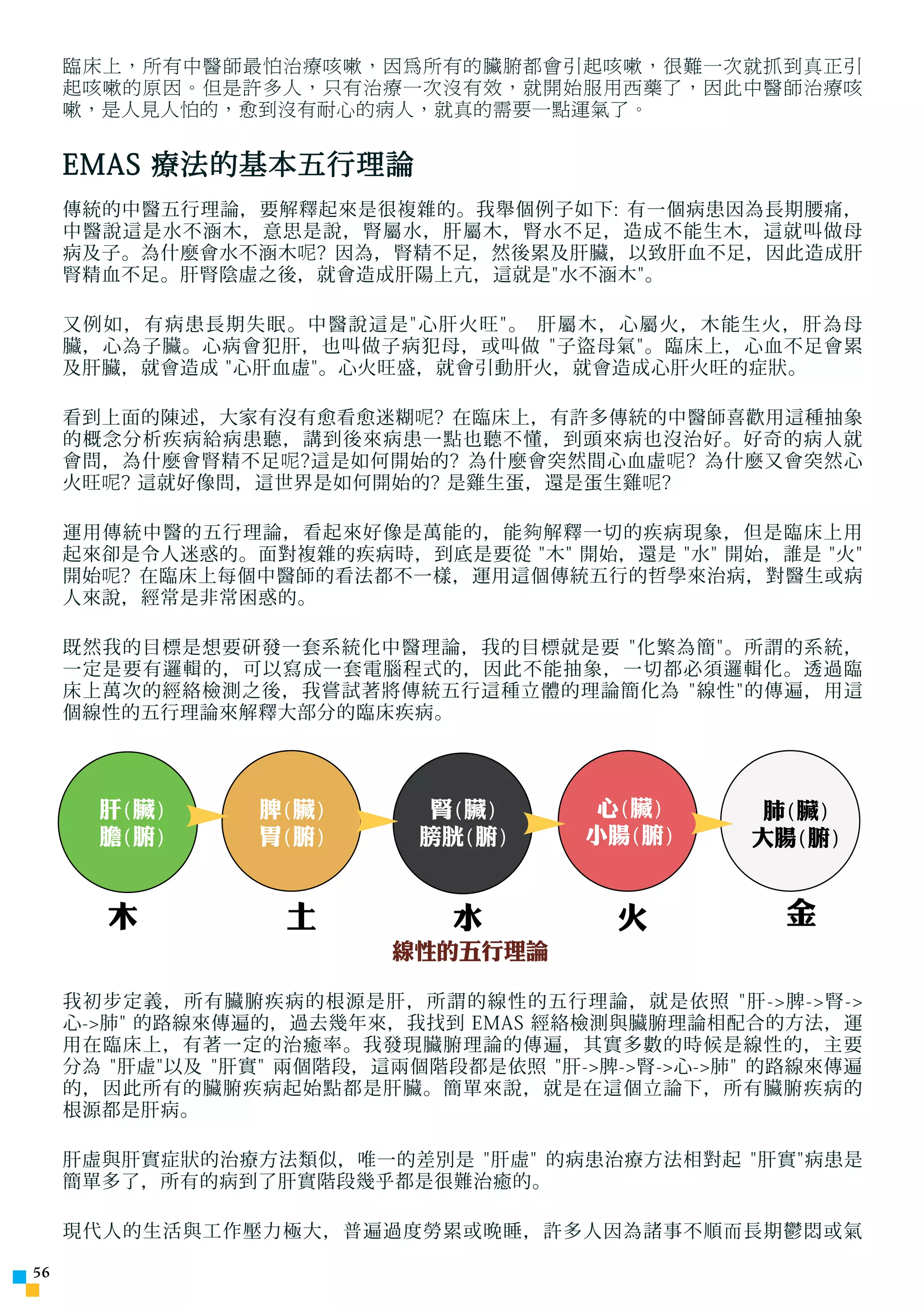 臨床上，所有中醫師最怕治療咳嗽，因為所有的臟腑都會引起咳嗽，很難一次就抓到真正引
     起咳嗽的原因。但是許多人，只有治療一次沒有效，就開始服用西藥了，因此中醫師治療咳
     嗽，是人見人怕的，愈到沒有耐心的病人，就真的需要一點運氣了。


     EMAS 療法的基本五行理論
     傳統的中醫五行理論，要解釋起來是很複雜的。我舉個例子如下: 有一個病患因為長期腰痛，
     中醫說這是水不涵木，意思是說，腎屬水，肝屬木，腎水不足，造成不能生木，這就叫做母
     病及子。為什麼會水不涵木 呢 ? 因為，腎精不足，然後累及肝臟，以致肝血不足，因此造成肝
     腎精血不足。肝腎陰虛之後，就會造成肝陽上亢，這就是水不涵木。

     又例如，有病患長期失眠。中醫說這是 心肝火旺。 肝屬木，心屬火，木能生火，肝為母
     臟，心為子臟。心病會犯肝，也叫做子病犯母，或叫做 子盜母氣。臨床上，心血不足會累
     及肝臟，就會造成 心肝血虛。心火旺盛，就會引動肝火，就會造成心肝火旺的症狀。

     看到上面的陳述，大家有沒有愈看愈迷糊 呢 ? 在臨床上，有許多傳統的中醫師喜歡用這種抽象
     的概念分析疾病給病患聽，講到後來病患一點也聽不懂，到頭來病也沒治好。好奇的病人就
     會問，為什麼會腎精不足 呢 ?這是如何開始的? 為什麼會突然間心血虛 呢 ? 為什麼又會突然心
     火旺 呢 ? 這就好像問，這世界是如何開始的? 是雞生蛋，還是蛋生雞 呢 ?

     運用傳統中醫的五行理論，看起來好像是萬能的，能 夠 解釋一切的疾病現象，但是臨床上用
     起來卻是令人迷惑的。面對複雜的疾病時，到底是要從 木 開始，還是 水 開始，誰是 火
     開始 呢 ? 在臨床上每個中醫師的看法都不一樣，運用這個傳統五行的哲學來治病，對醫生或病
     人來說，經常是非常困惑的。

     既然我的目標是想要研發一套系統化中醫理論，我的目標就是要 化繁為簡。所謂的系統，
     一定是要有邏輯的，可以寫成一套電腦程式的，因此不能抽象，一切都必須邏輯化。透過臨
     床上萬次的經絡檢測之後，我嘗試著將傳統五行這種立體的理論簡化為 線性的傳遍，用這
     個線性的五行理論來解釋大部分的臨床疾病。




       肝(臟)      脾(臟)        腎(臟)       心(臟)      肺(臟)
       膽(腑)      胃(腑)       膀胱(腑)      小腸(腑)     大腸(腑)


       木           土          水          火          金
                          線性的五行理論

     我初步定義，所有臟腑疾病的根源是肝，所謂的線性的五行理論，就是依照 肝-脾-腎-
     心-肺 的路線來傳遍的，過去幾年來，我找到 EMAS 經絡檢測與臟腑理論相配合的方法，運
     用在臨床上，有著一定的治癒率。我發現臟腑理論的傳遍，其實多數的時候是線性的，主要
     分為 肝虛以及 肝實 兩個階段，這兩個階段都是依照 肝-脾-腎-心-肺 的路線來傳遍
     的，因此所有的臟腑疾病起始點都是肝臟。簡單來說，就是在這個立論下，所有臟腑疾病的
     根源都是肝病。

     肝虛與肝實症狀的治療方法類似，唯一的差別是 肝虛 的病患治療方法相對起 肝實病患是
     簡單多了，所有的病到了肝實階段幾乎都是很難治癒的。

     現代人的生活與工作壓力極大，普遍過度勞累或晚睡，許多人因為諸事不順而長期鬱悶或氣

5
 