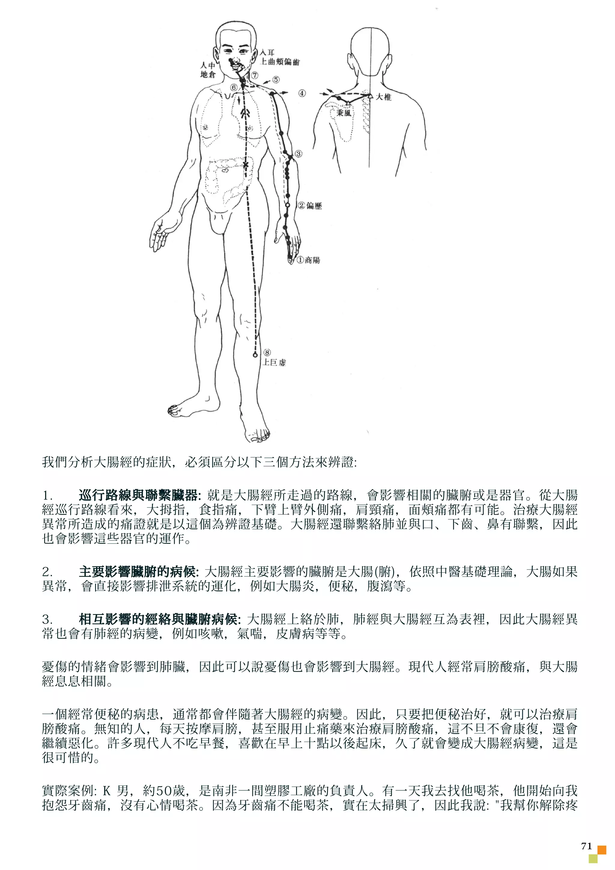 我們分析大腸經的症狀，必須區分以下三個方法來辨證:

1. 巡行路線與聯繫臟器: 就是大腸經所走過的路線，會影響相關的臟腑或是器官。從大腸
經巡行路線看來，大拇指，食指痛，下臂上臂外側痛，肩頸痛，面頰痛都有可能。治療大腸經
異常所造成的痛證就是以這個為辨證基礎。大腸經還聯繫絡肺並與口、下齒、鼻有聯繫，因此
也會影響這些器官的運作。

2. 主要影響臟腑的病候: 大腸經主要影響的臟腑是大腸(腑)，依照中醫基礎理論，大腸如果
異常，會直接影響排泄系統的運化，例如大腸炎，便秘，腹瀉等。

3. 相互影響的經絡與臟腑病候: 大腸經上絡於肺，肺經與大腸經互為表裡，因此大腸經異
常也會有肺經的病變，例如咳嗽，氣喘，皮膚病等等。

憂傷的情緒會影響到肺臟，因此可以說憂傷也會影響到大腸經。現代人經常肩膀酸痛，與大腸
經息息相關。

一個經常便秘的病患，通常都會伴隨著大腸經的病變。因此，只要把便秘治好，就可以治療肩
膀酸痛。無知的人，每天按摩肩膀，甚至服用止痛藥來治療肩膀酸痛，這不旦不會康復，還會
繼續惡化。許多現代人不吃早餐，喜歡在早上十點以後起床，久了就會變成大腸經病變，這是
很可惜的。

實際案例: K 男，約50歲，是南非一間塑膠工廠的負責人。有一天我去找他喝茶，他開始向我
抱怨牙齒痛，沒有心情喝茶。因為牙齒痛不能喝茶，實在太掃興了，因此我說: 我幫你解除疼


                                               71
 