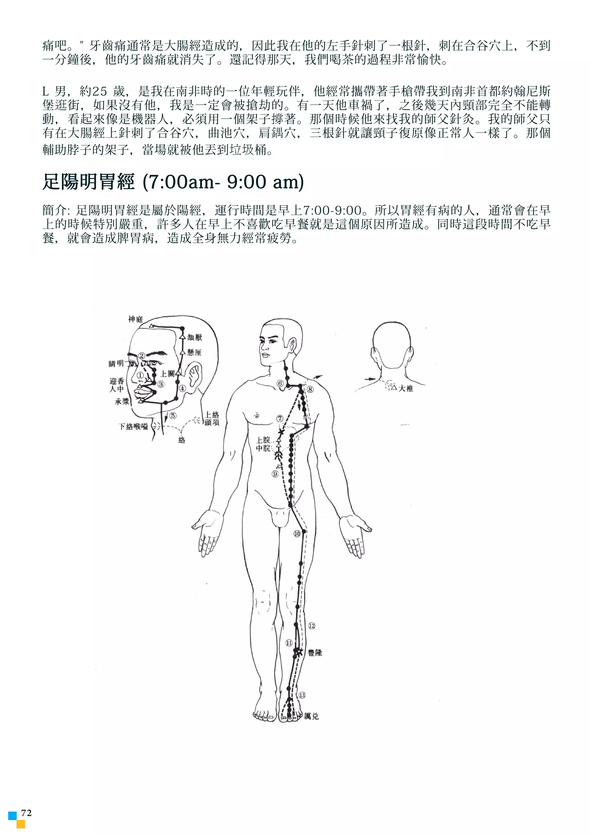痛吧。 牙齒痛通常是大腸經造成的，因此我在他的左手針刺了一根針，刺在合谷穴上，不到
     一分鐘後，他的牙齒痛就消失了。還記得那天，我們喝茶的過程非常愉快。

     L 男，約25 歲，是我在南非時的一位年輕玩伴，他經常攜帶著手槍帶我到南非首都約翰尼斯
     堡 逛 街，如果沒有他，我是一定會被搶劫的。有一天他車禍了，之後幾天內頸部完全不能轉
     動，看起來像是機器人，必須用一個架子 撐 著。那個時候他來找我的師父針灸。我的師父只
     有在大腸經上針刺了合谷穴，曲池穴，肩 鍝 穴，三根針就讓頸子復原像正常人一樣了。那個
     輔助脖子的架子，當場就被他丟到 垃圾 桶。

     足陽明胃經 (7:00am- 9:00 am)
     簡介: 足陽明胃經是屬於陽經，運行時間是早上7:00-9:00。所以胃經有病的人，通常會在早
     上的時候特別嚴重，許多人在早上不喜歡吃早餐就是這個原因所造成。同時這段時間不吃早
     餐，就會造成脾胃病，造成全身無力經常疲勞。




72
 