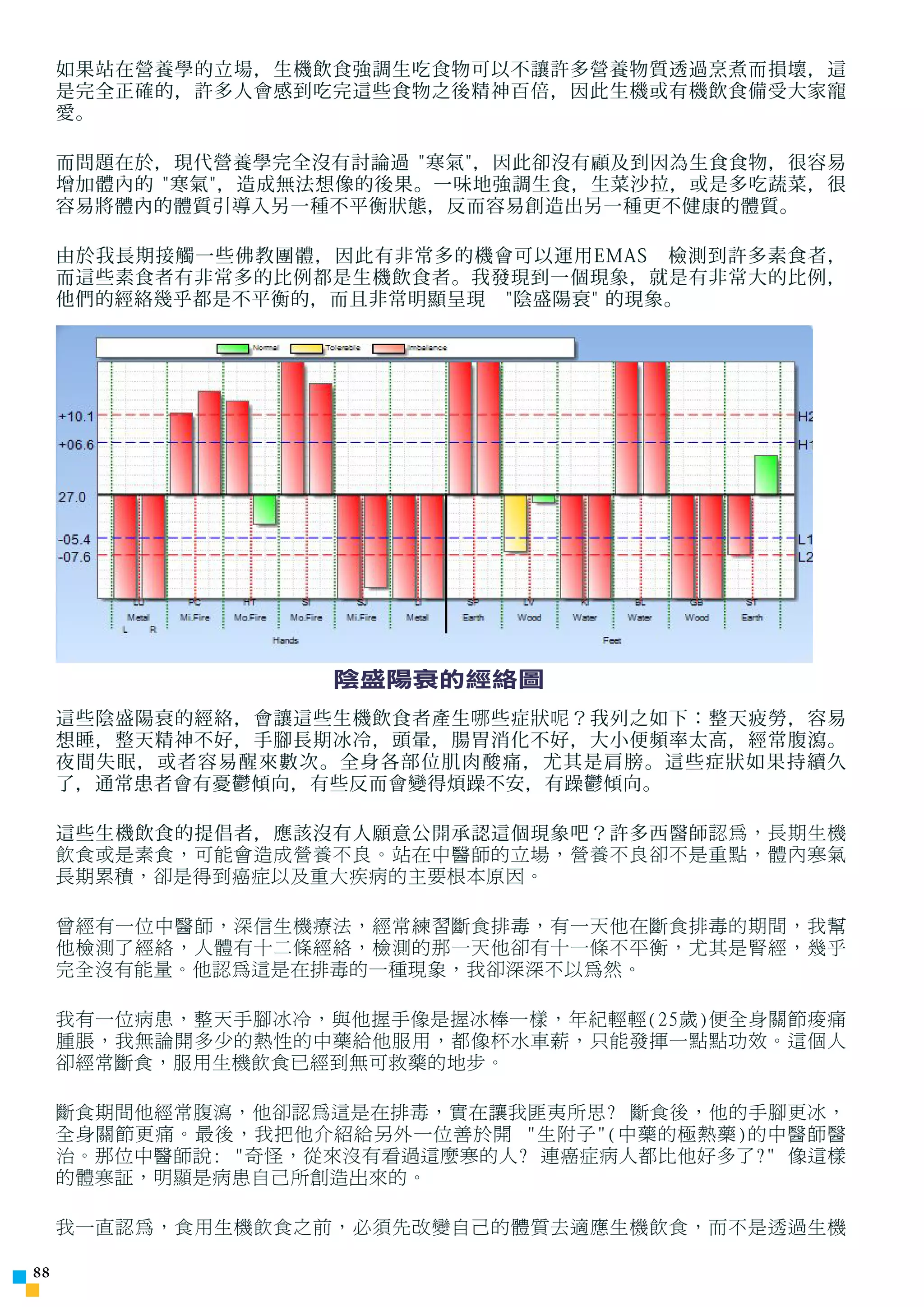 如果站在營養學的立場，生機飲食強調生吃食物可以不讓許多營養物質透過烹煮而損壞，這
     是完全正確的，許多人會感到吃完這些食物之後精神百倍，因此生機或有機飲食備受大家寵
     愛。

     而問題在於，現代營養學完全沒有討論過 寒氣，因此卻沒有顧及到因為生食食物，很容易
     增加體內的 寒氣，造成無法想像的後果。一味地強調生食，生菜沙拉，或是多吃蔬菜，很
     容易將體內的體質引導入另一種不平衡狀態，反而容易創造出另一種更不健康的體質。

     由於我長期接觸一些佛教團體，因此有非常多的機會可以運用EMAS　檢測到許多素食者，
     而這些素食者有非常多的比例都是生機飲食者。我發現到一個現象，就是有非常大的比例，
     他們的經絡幾乎都是不平衡的，而且非常明顯呈現　陰盛陽衰 的現象。




                    陰盛陽衰的經絡圖
     這些陰盛陽衰的經絡，會讓這些生機飲食者產生 哪 些症狀 呢 ？我列之如下：整天疲勞，容易
     想睡，整天精神不好，手腳長期冰冷，頭暈，腸胃消化不好，大小便頻率太高，經常腹瀉。
     夜間失眠，或者容易醒來數次。全身各部位肌肉酸痛，尤其是肩膀。這些症狀如果持續久
     了，通常患者會有憂鬱傾向，有些反而會變得煩躁不安，有躁鬱傾向。

     這些生機飲食的提倡者，應該沒有人願意公開承認這個現象吧？許多西醫師 認為，長期生機
     飲食或是素食，可能會造成營養不良。站在中醫師的立場，營養不良卻不是重點，體內寒氣
     長期累積，卻是得到癌症以及重大疾病的主要根本原因。

     曾經有一位中醫師，深信生機療法，經常練習斷食排毒，有一天他在斷食排毒的期間，我幫
     他檢測了經絡，人體有十二條經絡，檢測的那一天他卻有十一條不平衡，尤其是腎經，幾乎
     完全沒有能量。他認為這是在排毒的一種現象，我卻深深不以為然。

     我有一位病患，整天手腳冰冷，與他握手像是握冰棒一樣，年紀輕輕(25歲)便全身關節痠痛
     腫脹，我無論開多少的熱性的中藥給他服用，都像杯水車薪，只能發揮一點點功效。這個人
     卻經常斷食，服用生機飲食已經到無可救藥的地步。

     斷食期間他經常腹瀉，他卻認為這是在排毒，實在讓我匪夷所思? 斷食後，他的手腳更冰，
     全身關節更痛。最後，我把他介紹給另外一位善於開 生附子(中藥的極熱藥)的中醫師醫
     治。那位中醫師說: 奇怪，從來沒有看過這麼寒的人? 連癌症病人都比他好多了? 像這樣
     的體寒証，明顯是病患自己所創造出來的。

     我一直認為，食用生機飲食之前，必須先改變自己的體質去適應生機飲食，而不是透過生機


 