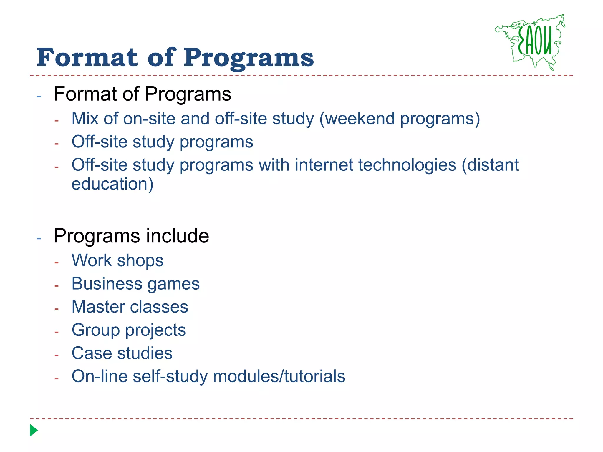 20 Partner OrganizationsEAOI      www.eoi.ru founded in 1998 licensed as an educational institution state certified programs ISO 9001:2000 certified «The Best implementation of e-learning in Higher Educational Institutions»eLearnExpo Awards (2009)Member ofInternational Consortium «Electronic University»