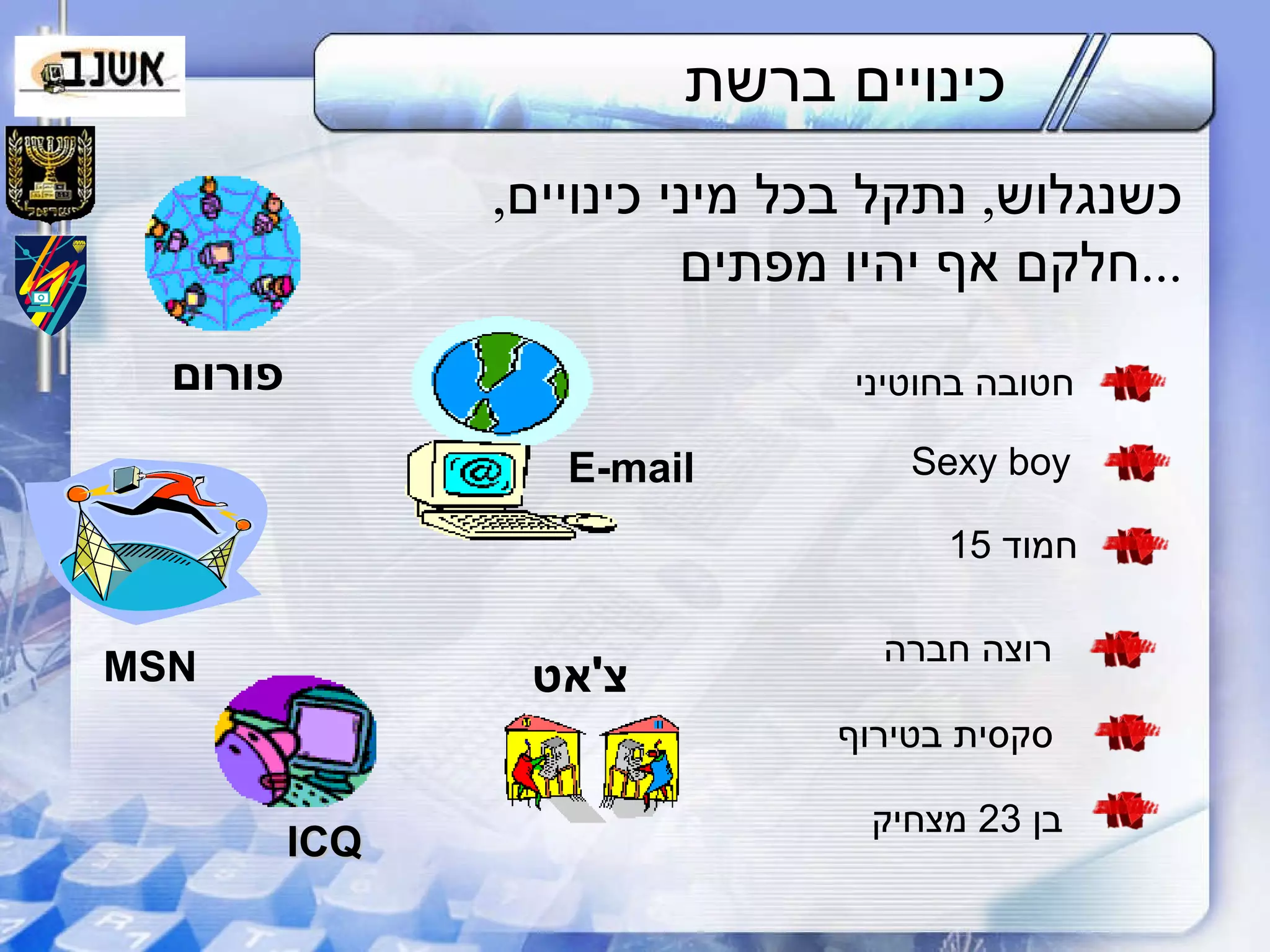 כינויים ברשת כשנגלוש ,  נתקל בכל מיני כינויים , חלקם אף יהיו מפתים ... חטובה בחוטיני Sexy boy חמוד  15 רוצה חברה סקסית בטירוף בן  23  מצחיק פורום MSN ICQ E-mail צ ' אט 