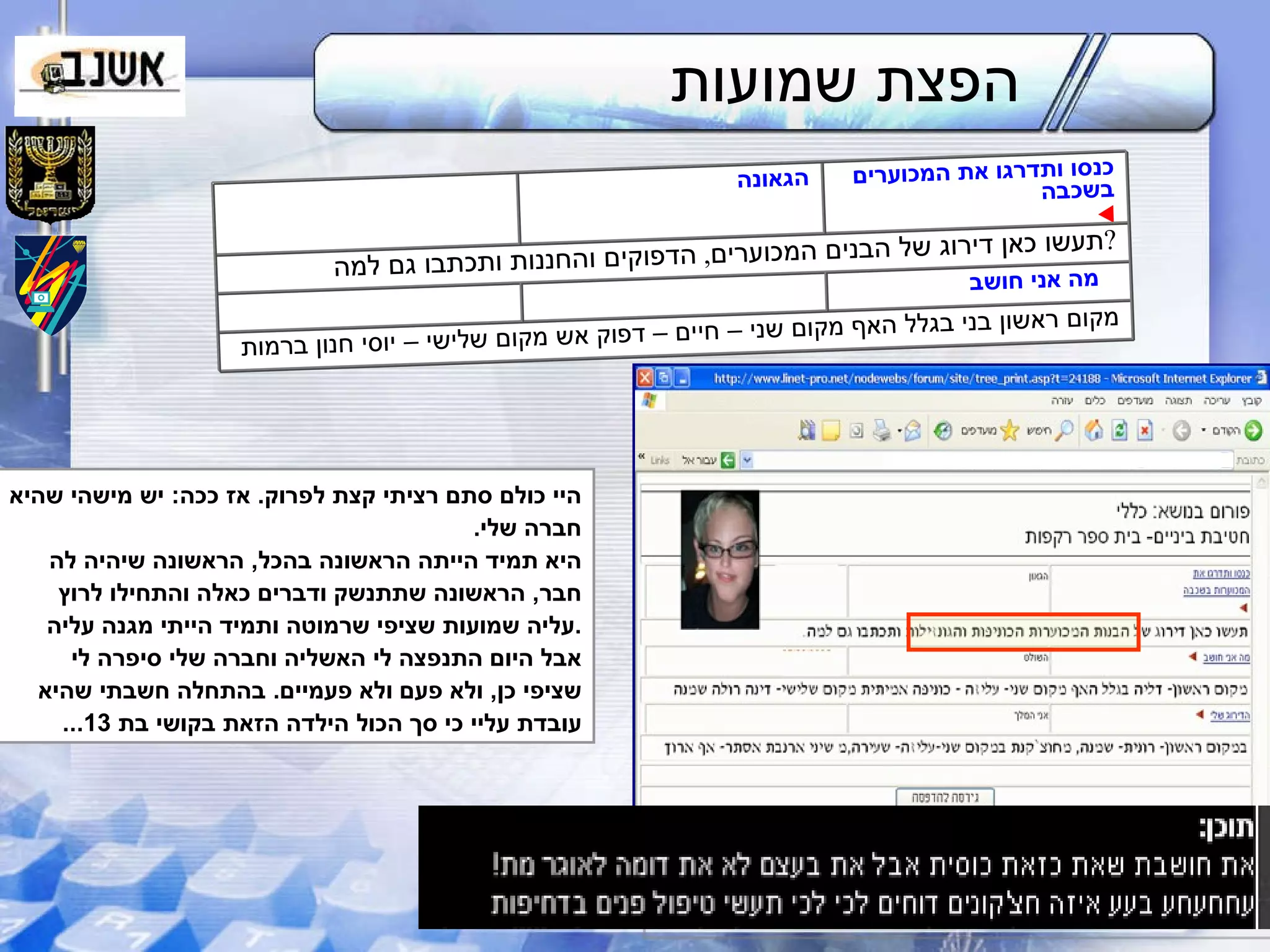 הפצת שמועות היי כולם סתם רציתי קצת לפרוק .  אז ככה :  יש מישהי שהיא חברה שלי .  היא תמיד הייתה הראשונה בהכל ,  הראשונה שיהיה לה חבר ,  הראשונה שתתנשק ודברים כאלה והתחילו לרוץ עליה שמועות שציפי שרמוטה ותמיד הייתי מגנה עליה . אבל היום התנפצה לי האשליה וחברה שלי סיפרה לי שציפי כן ,  ולא פעם ולא פעמיים .  בהתחלה חשבתי שהיא עובדת עליי כי סך הכול הילדה הזאת בקושי בת  13... מקום ראשון בני בגלל האף מקום שני – חיים – דפוק אש מקום שלישי – יוסי חנון ברמות מה אני חושב   תעשו כאן דירוג של הבנים המכוערים ,  הדפוקים והחננות ותכתבו גם למה  ? כנסו ותדרגו את המכוערים בשכבה  הגאונה 