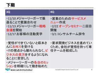 下期
3Q                  4Q

・11/10 メジャーリーガーで振   ・営業のためのサービスメ
返ることで意識合わせ          ニュー作成
・11/13 メジャーリーガー戦略   ・2/22 オープンセミナー二回目
会議を開始               開催
・12/17 お客様の活動見学     ・3/1 コンサルチーム辞令

・覚悟ができていないと萩本さ ・要求開発ビジネスを進めてい
んにお叱りを受ける        くため、会社が覚悟を持って専
・ITの視点から離れられなく、ビ 任チームを結成した
ジネスの見方をするようになれ
ることに苦労した
・メジャーリーガーの各自のミッ
ションを明確にして動き始めた
                         Copyright © Nippon Dynamic Systems Co.,Ltd   9
 