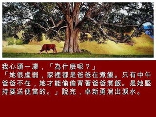 我心頭一凜，「為什麼呢？」  「她很虛弱，家裡都是爸爸在煮飯。只有中午爸爸不在，她才能偷偷背著爸爸煮飯。是她堅持要送便當的。」說完，卓新勇淌出淚水。   