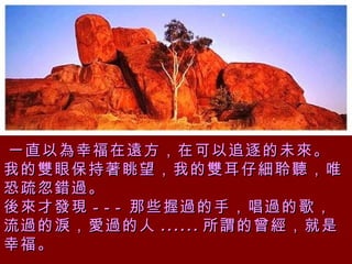 一直以為幸福在遠方，在可以追逐的未來。  我的雙眼保持著眺望，我的雙耳仔細聆聽，唯恐疏忽錯過。  後來才發現 --- 那些握過的手，唱過的歌，流過的淚，愛過的人 ...... 所謂的曾經，就是幸福。   