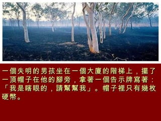 一個失明的男孩坐在一個大廈的階梯上，擺了一頂帽子在他的腳旁，拿著一個告示牌寫著：「我是瞎眼的，請幫幫我」。帽子裡只有幾枚硬幣。 