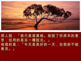 那人說：「我只是寫真相。我說了你原本的意思，但用的是另一種說法。」 他寫的是：「今天是美好的一天，但我卻不能看見。」 