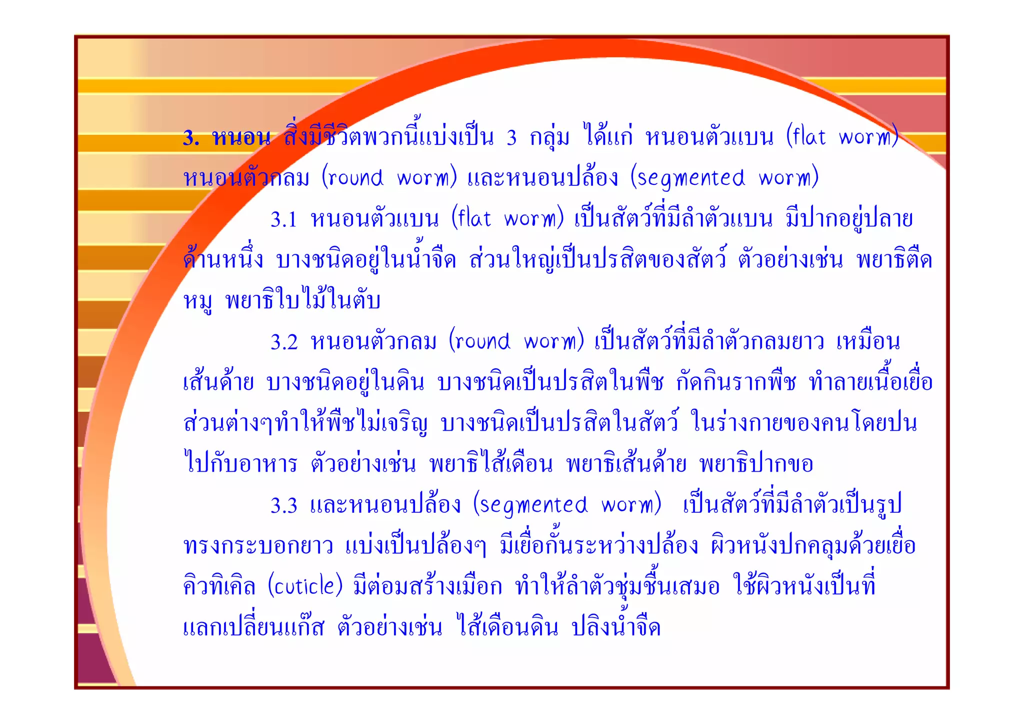 3.                           ก F                 3 ก F F กF                   (flat worm)
        ก (round worm)                                   F (segmented worm)
        3.1                          (flat worm)                F                  ก F
 F                      F                  F         F                 F       F F
                 F
        3.2                  ก (round worm)                       F      ก
    F F             F                                               ก ก ก
   F F         F          F                                         F F ก
     ก             F F                         F              F F            ก
        3.3                       F (segmented worm)                       F
      ก   ก           F            F                ก      F F                  ก     F
        (cuticle) F             F            ก         F    F            F
     ก     กF               F F          F
 