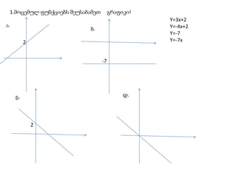 1.მოცემულ ფუნქციებს შეუსაბამეთ     გრაფიკი!Y=3x+2Y=-4x+2Y=-7Y=-7xა.ბ.2-7დ.გ.2