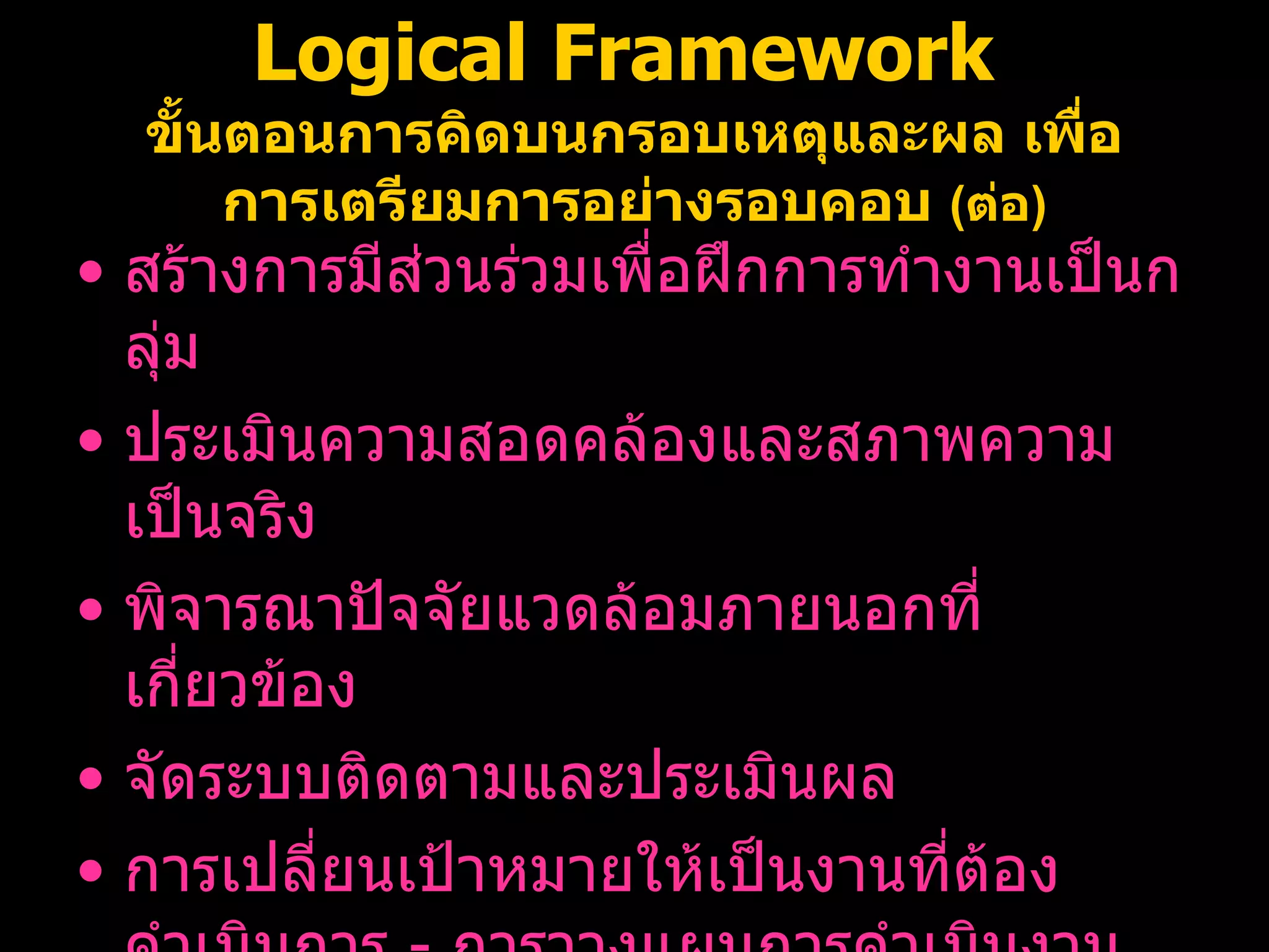 Logical Framework  ขั้นตอนการคิดบนกรอบเหตุและผล เพื่อการเตรียมการอย่างรอบคอบ  ( ต่อ ) สร้างการมีส่วนร่วมเพื่อฝึกการทำงานเป็นกลุ่ม ประเมินความสอดคล้องและสภาพความเป็นจริง พิจารณาปัจจัยแวดล้อมภายนอกที่เกี่ยวข้อง จัดระบบติดตามและประเมินผล การเปลี่ยนเป้าหมายให้เป็นงานที่ต้องดำเนินการ  -  การวางแผนการดำเนินงาน 08/07/10   09:22 AM 
