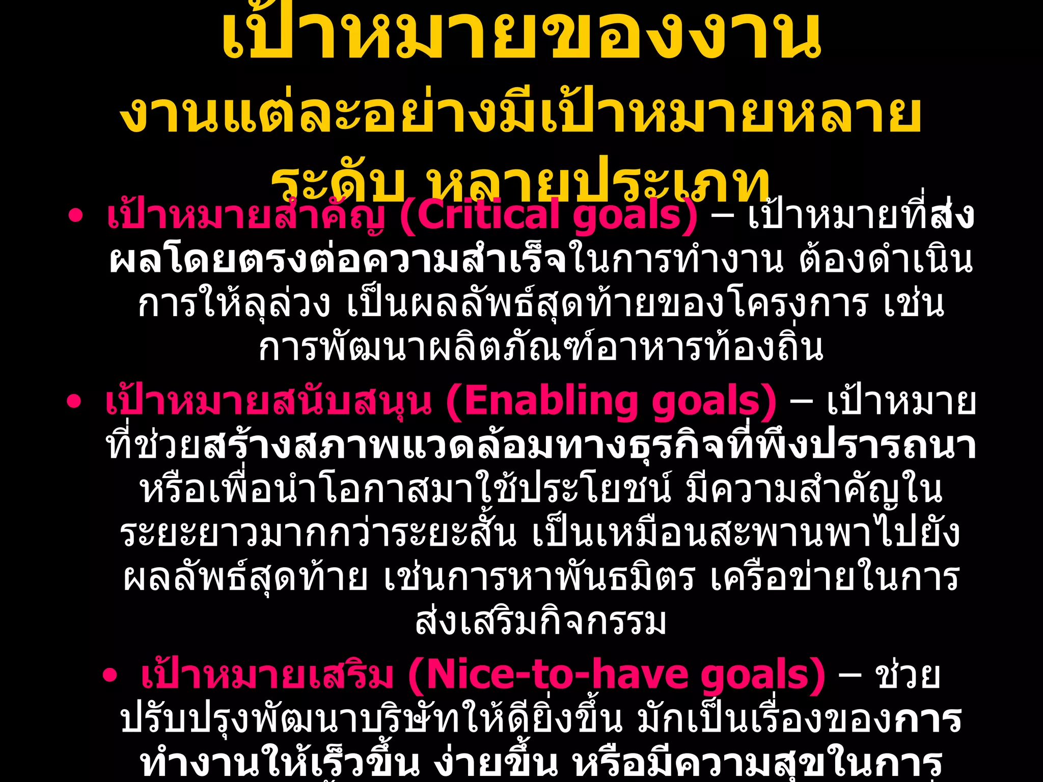 เป้าหมายของงาน งานแต่ละอย่างมีเป้าหมายหลายระดับ หลายประเภท เป้าหมายสำคัญ  (Critical goals)  –  เป้าหมายที่ ส่งผลโดยตรงต่อความสำเร็จ ในการทำงาน ต้องดำเนินการให้ลุล่วง เป็นผลลัพธ์สุดท้ายของโครงการ เช่น การพัฒนาผลิตภัณฑ์อาหารท้องถิ่น เป้าหมายสนับสนุน  (Enabling goals)  –  เป้าหมายที่ช่วย สร้างสภาพแวดล้อมทางธุรกิจที่พึงปรารถนา  หรือเพื่อนำโอกาสมาใช้ประโยชน์ มีความสำคัญในระยะยาวมากกว่าระยะสั้น เป็นเหมือนสะพานพาไปยังผลลัพธ์สุดท้าย เช่นการหาพันธมิตร เครือข่ายในการส่งเสริมกิจกรรม เป้าหมายเสริม  ( Nice-to-have goals)  –   ช่วยปรับปรุงพัฒนาบริษัทให้ดียิ่งขึ้น มักเป็นเรื่องของ การทำงานให้เร็วขึ้น ง่ายขึ้น หรือมีความสุขในการทำงาน มากขึ้น ต้องมีค่าใช้จ่ายในการดำเนินงานเพื่อให้บรรลุเป้าหมายที่ไม่สูง เช่น การจัดทำเมนูอาหารแบบใหม่ให้ดูน่าสนใจยิ่งขึ้น 08/07/10   09:22 AM 