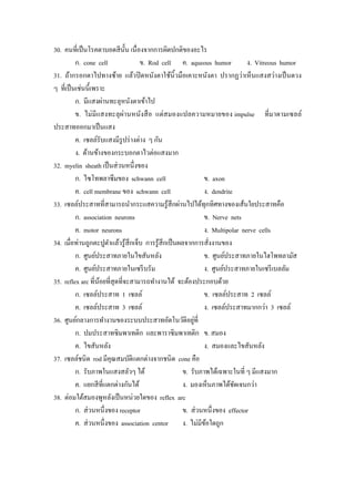 30. คนที่เป็ นโรคตาบอดสี น้ น เนื่องจากการผิดปกติของอะไร
                               ั
          ก. cone cell              ข. Rod cell ค. aqueous humor               ง. Vitreous humor
31. ถ้ากรอกตาไปทางซ้าย แล้วปิ ดหนังตาใช้นิ้วมือเคาะหนังตา ปรากฏว่าเห็นแสงสว่างเป็ นดวง
ๆ ที่เป็ นเช่นนี้เพราะ
          ก. มีแสงผ่านทะลุหนังตาเข้าไป
          ข. ไม่มีแสงทะลุผ่านหนังสื อ แต่สมองแปลความหมายของ impulse ที่มาตามเซลล์
ประสาทออกมาเป็ นแสง
          ค. เซลล์รับแสงมีรูปร่ างต่าง ๆ กัน
          ง. ด้านข้างของกระบอกตาไวต่อแสงมาก
32. myelin sheath เป็ นส่ วนหนึ่งของ
          ก. ไซโทพลาซึมของ schwann cell                        ข. axon
          ค. cell membrane ของ schwann cell                    ง. dendrite
33. เซลล์ประสาทที่สามารถนํากระแสความรู ้สึกผ่านไปได้ทุกทิศทางของเส้นใยประสาทคือ
          ก. association neurons                               ข. Nerve nets
          ค. motor neurons                                     ง. Multipolar nerve cells
34. เมื่อท่านถูกตะปูตาแล้วรู ้สึกเจ็บ การรู ้สึกเป็ นผลจากการสังงานของ
                        ํ                                         ่
          ก. ศูนย์ประสาทภายในไขสันหลัง                         ข. ศูนย์ประสาทภายในไฮโพทลามัส
          ค. ศูนย์ประสาทภายในเซรี บรัม                         ง. ศูนย์ประสาทภายในเซรี เบลลัม
35. reflex arc ที่นอยที่สุดที่จะสามารถทํางานได้ จะต้องประกอบด้วย
                    ้
          ก. เซลล์ประสาท 1 เซลล์                               ข. เซลล์ประสาท 2 เซลล์
          ค. เซลล์ประสาท 3 เซลล์                               ง. เซลล์ประสาทมากกว่า 3 เซลล์
36. ศูนย์กลางการทํางานของระบบประสาทอัตโนวัติอยูที่        ่
          ก. ปมประสาทซิมพาเทติก และพาราซิมพาเทติก ข. สมอง
          ค. ไขสันหลัง                                         ง. สมองและไขสันหลัง
37. เซลล์ชนิด rod มีคุณสมบัติแตกต่างจากชนิด cone คือ
          ก. รับภาพในแสงสลัวๆ ได้                     ข. รับภาพได้เฉพาะในที่ ๆ มีแสงมาก
          ค. แยกสี ที่แตกต่างกันได้                   ง. มองเห็นภาพได้ชดเจนกว่า
                                                                           ั
38. ต่อมใต้สมองพูหลังเป็ นหน่วยใดของ reflex arc
          ก. ส่ วนหนึ่งของ receptor                   ข. ส่ วนหนึ่งของ effector
          ค. ส่ วนหนึ่งของ association centor         ง. ไม่มีขอใดถูก
                                                                ้
 